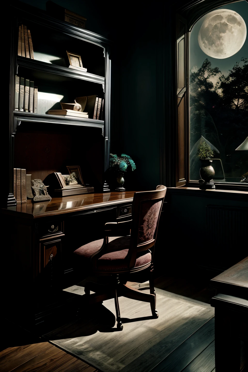 dark fantasy art, night time, moon light from the window, vintage home office, black tiles, a massive desk, wood-carved bookcases and upholstered velvet chairs, dim light