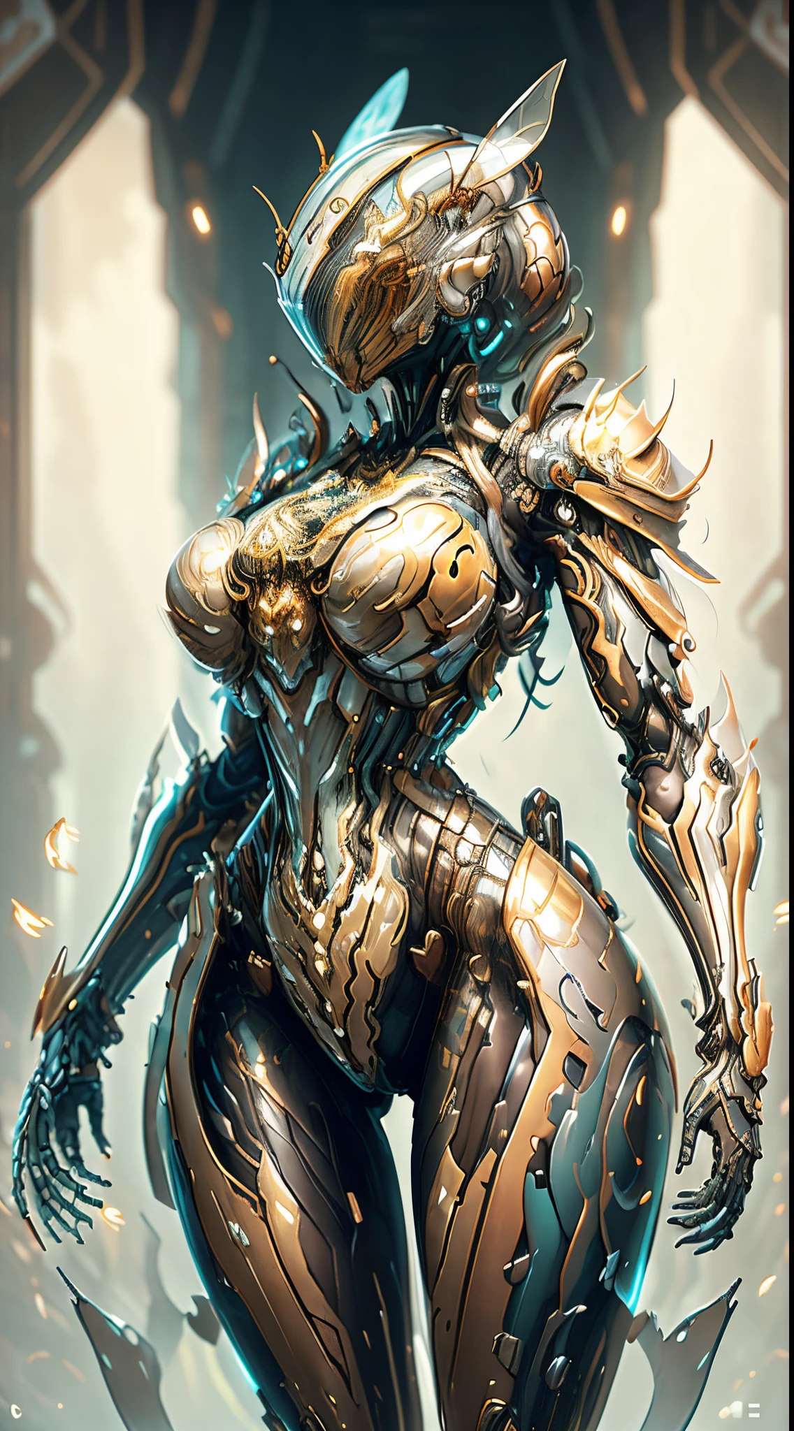 Beautiful woman with big breast camouflage muscles (bee shell armor) cybernetic (NSFW)