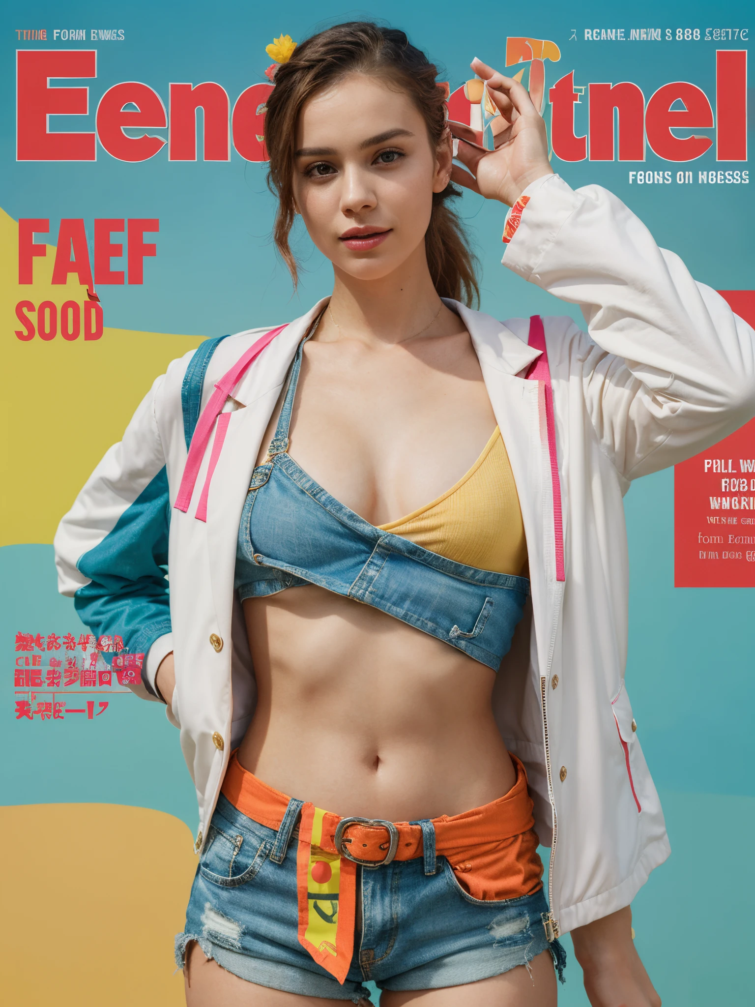 1girl, sfw, cap, shorts, jacket, (Magazine cover-style illustration of a fashionable woman in vibrant outfit posing in front of a colorful and dynamic background. She has a confident expression and is striking a pose. The text on the cover should be bold and attention-grabbing, with the title of the magazine and a catchy headline. The overall style should be modern and trendy, with a focus on fashion and lifestyle), wallpaper, crowds, fashion, contrapposto, female focus, model, cool