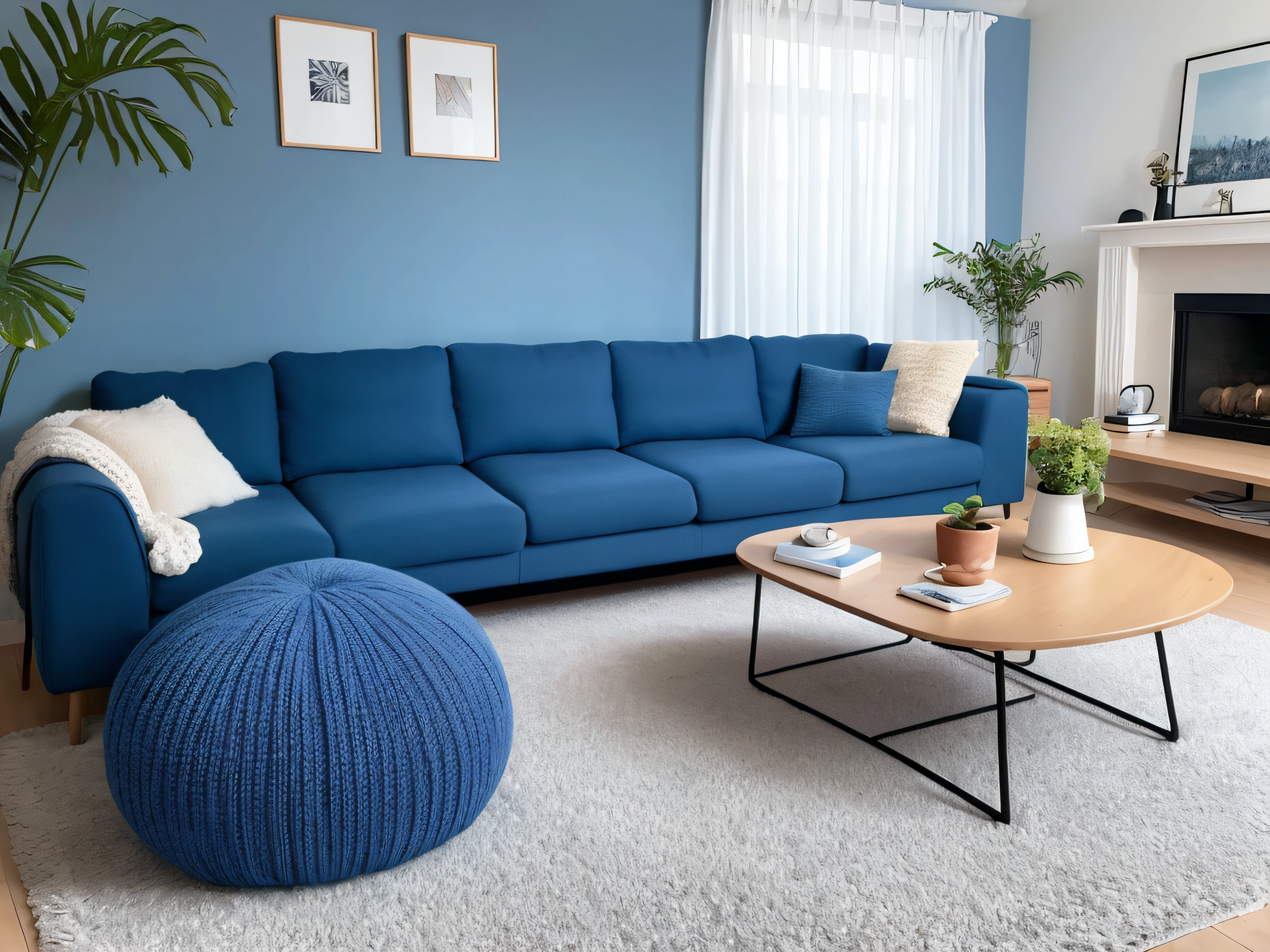 Two knitted poufs near dark blue corner sofa. Scandinavian home interior design of modern living room.