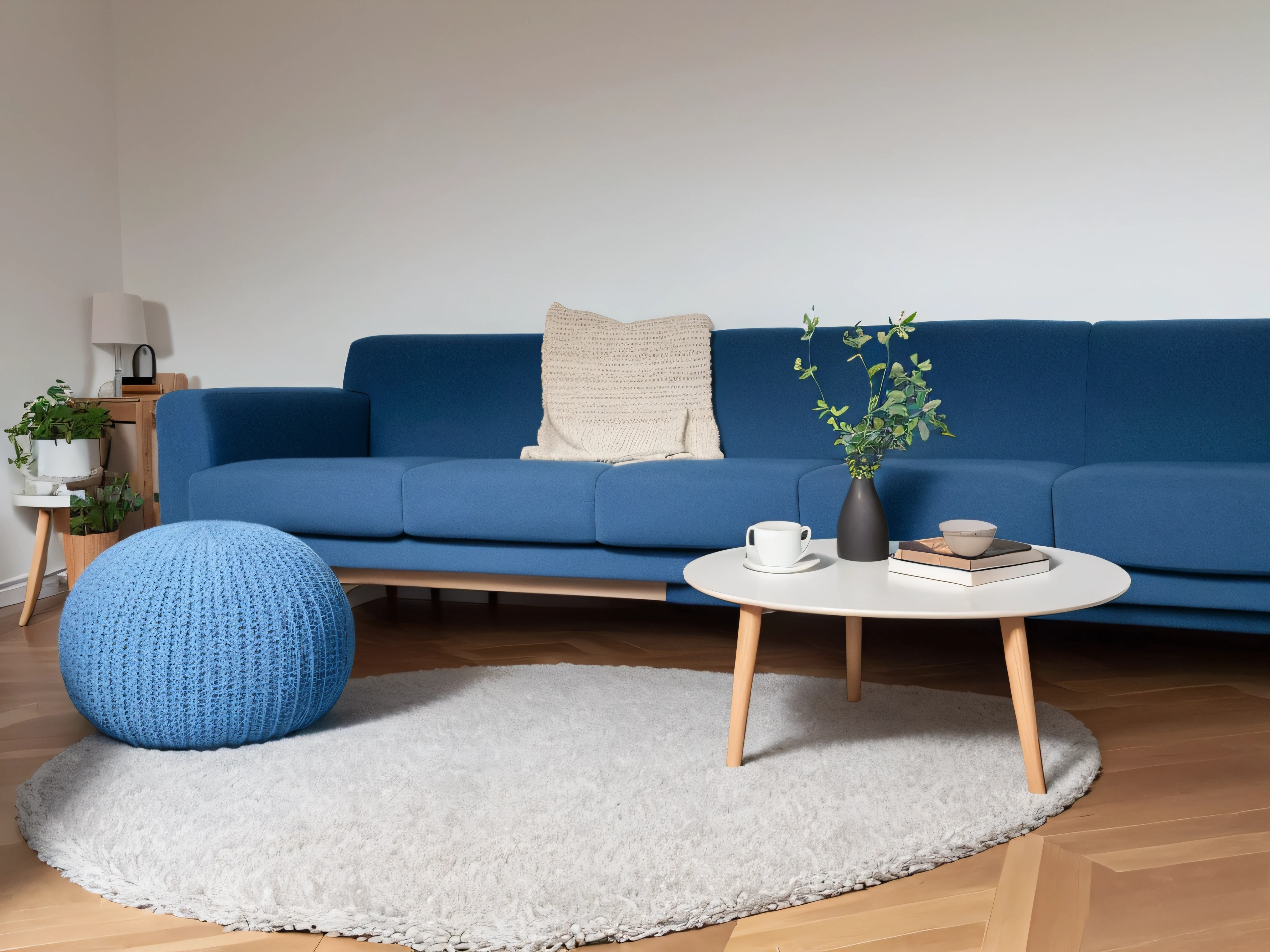 Two knitted poufs near dark blue corner sofa. Scandinavian home interior design of modern living room.
