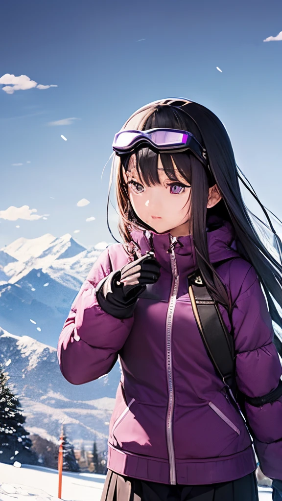 Homura Akemi, Anime Female, young, mountain ,snow, sweater, gloves, blowing wind, dark gray hair, purple eyes, skiing goggles, shield