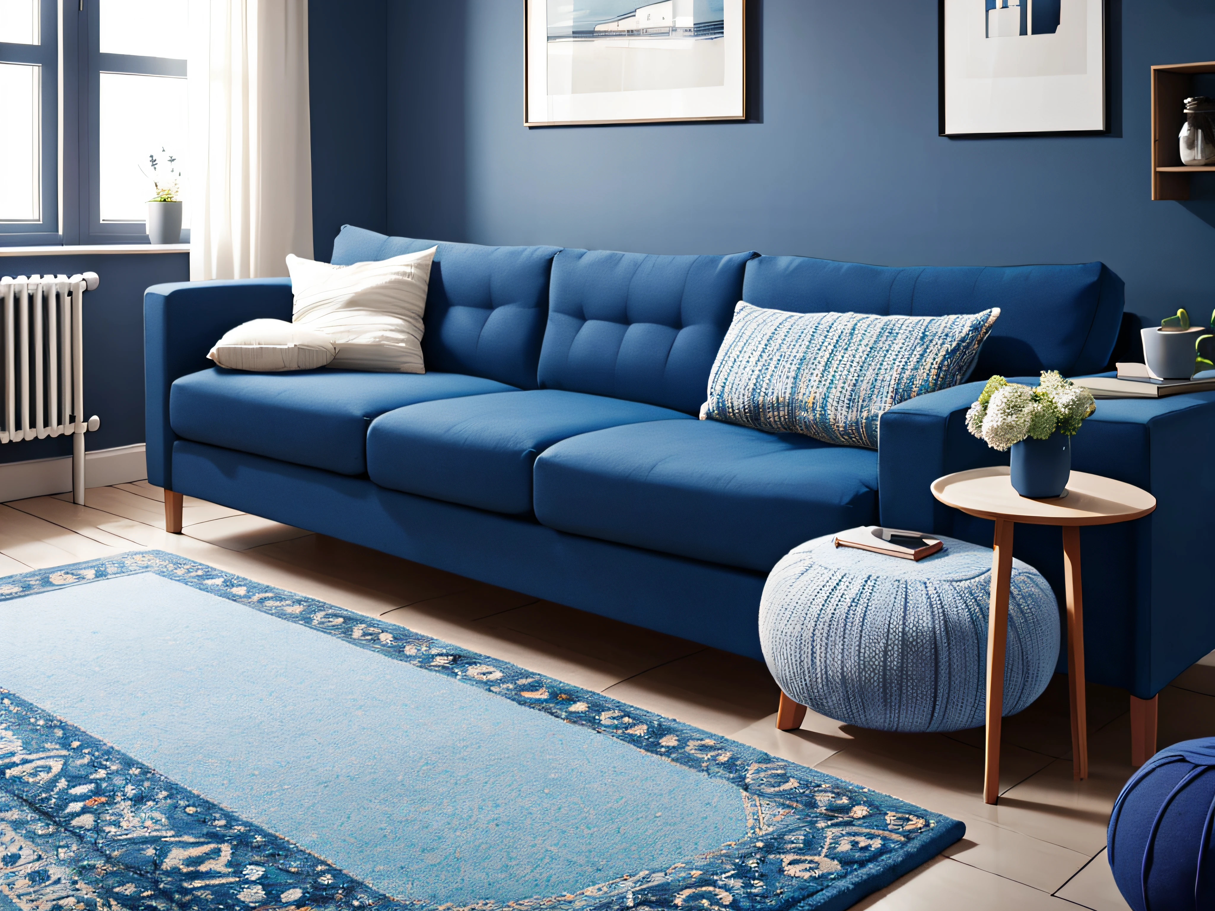 Two knitted poufs near dark blue corner sofa. Scandinavian home interior design of modern living room.