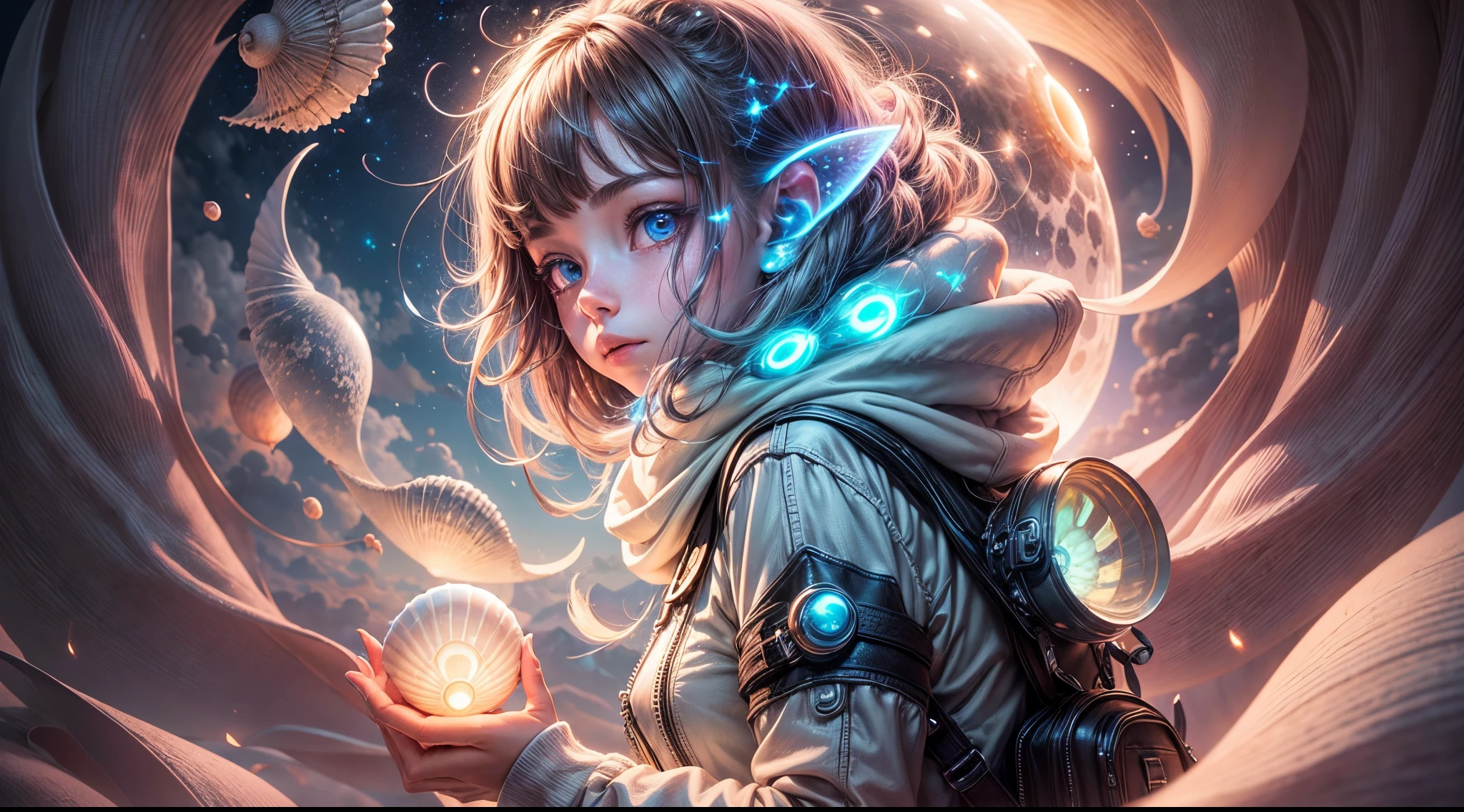 "((Adventurous)) girl exploring an alien realm, clutching a ((luminous shell)), as moonlight bathes the surreal landscape in a soft glow. Wisps of clouds add a touch of mystery. High-quality, detailed, fantasy, otherworldly, moonlit ambiance."