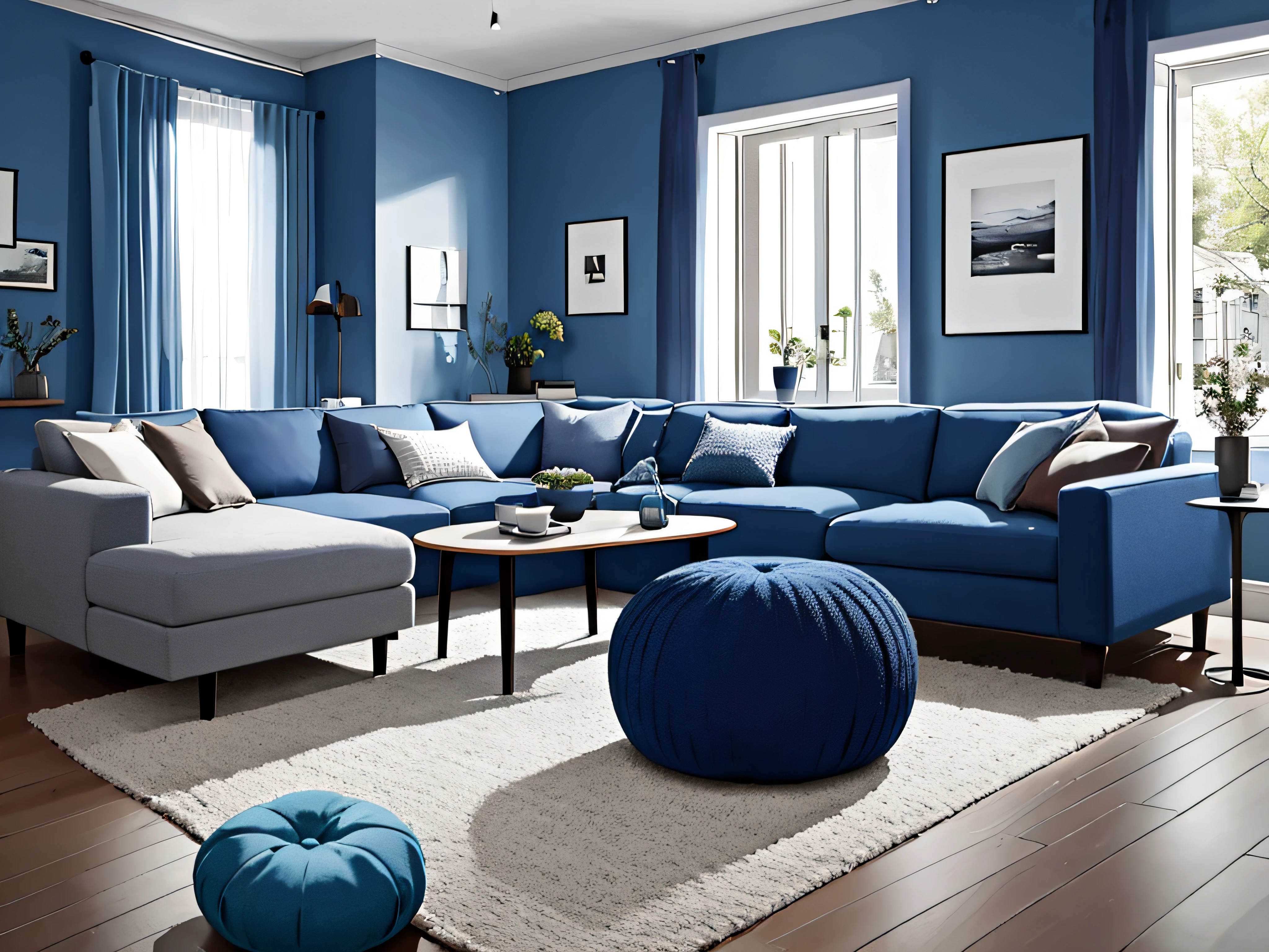 Two knitted poufs near dark blue corner sofa. Scandinavian home interior design of modern living room.