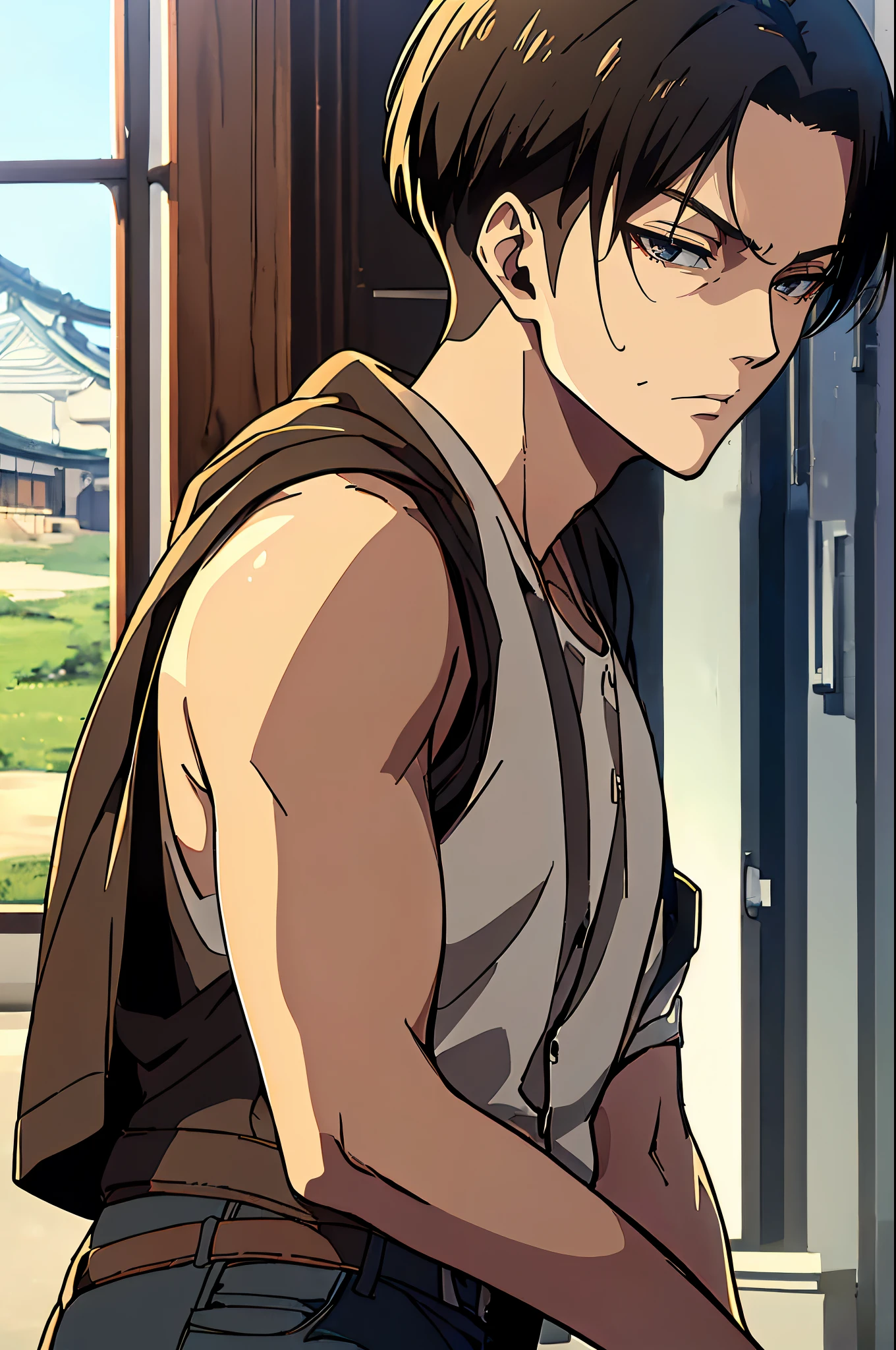 ((4K works))、​masterpiece、（top-quality)、((high-level image quality))、((One Manly Boy))、Slim body、((Attractive and sexy jeans fashion))、((Men's Fashion))、(Detailed beautiful eyes)、town in the morning、Levi Ackerman、Attack on Titan、((short hair above the ears))、((Smaller face))、((Neutral face))、((28 year old))、((Handsome man))、((Korean Makeup))、((elongated and sharp eyes))、((Black eyes))、((Like a celebrity))、Everyday photography、((Shot alone))、((Shot diagonally from the side))、((Upper body photography))、((Sharp eyes))
