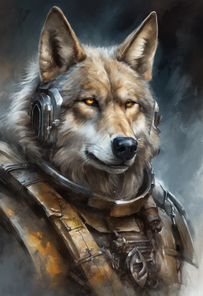 Polly of the highest quality, Dramatische Beleuchtung, bedrohliche Pose, grimmiger Blick, Epic atmosphere, (((Helm in Form eines Wolfskopfes))), (((full-body shot))),Metal wolves, Cyborgs, Cyberpunk-Stil, Uhrwerk, ((Komplizierte Details)), NFFSW, ((Komplizierte Details, HyperDetails)), lightbulbs, Filmische Aufnahme, Vignette, Bokeh-Effekt Beckground, (Hunde), (full-body shot).