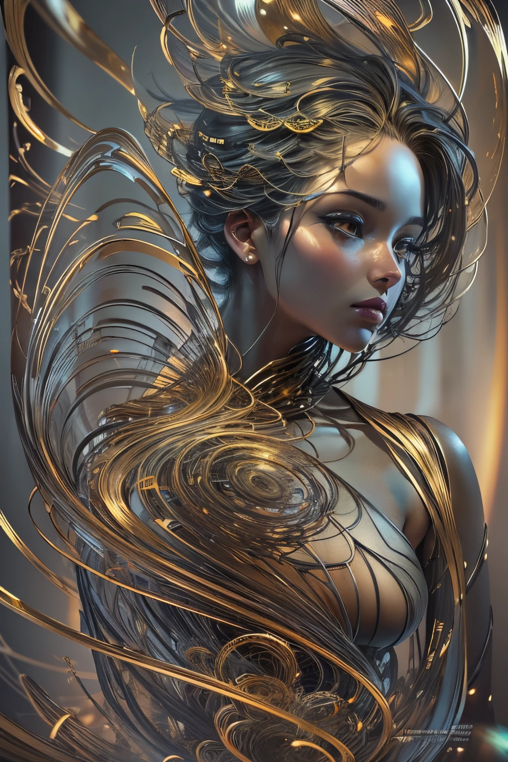(Best quality at best,ultra - detailed,Best Best Illustration,The best shadow,tmasterpiece,A high resolution,professionalartwork,famousartwork),(line art:1.5),Metal wire,texture masterpiece,s fractal art,A beautyful girl,model shoot style,abstract paintings, (extremely detaild的 CG unified 8k wallpapers), A chaotic storm of lines rises from a complex rainbow of smoke overhead, Stylized abstract portrait of beautiful girl,heavy metal style,postmodern industrial style,ultra-realistic realism,metallic luster,metalictexture,Image of beautiful woman sculpture made from thin metal wire, golden curve structure, Woman sculpture made of wire, Spiral dripping gold, Metal curve composition, Winding streets, abstract female sculpture, Small whirlpools, abstract sculpture, twist, Rotated, complex metal wires, spirals, long exposure photos, line sleek, complex light