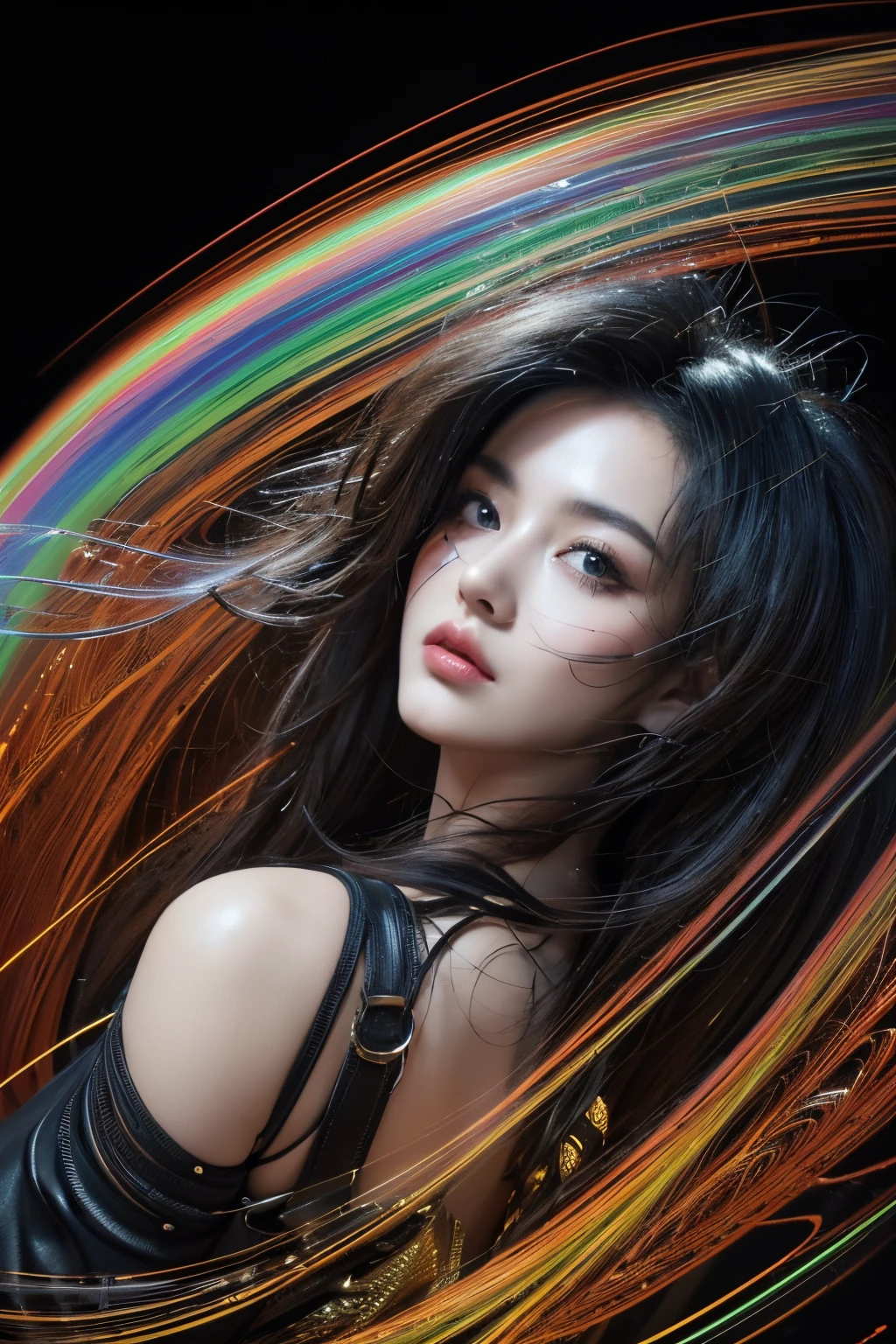 (Best quality,ultra - detailed,Best Best Illustration,The best shadow,tmasterpiece,A high resolution,professionalartwork,famousartwork),(line art:1.5),Metal wire,texture masterpiece,s fractal art,A beautyful girl,model shoot style,abstract painting, (extremely detaild的 CG unified 8k wallpapers), A chaotic storm of lines rises from a complex rainbow of smoke overhead, Stylized abstract portrait of beautiful girl,heavy metal style,postmodern industrial style,ultra-realistic realism,metallic luster,metalictexture