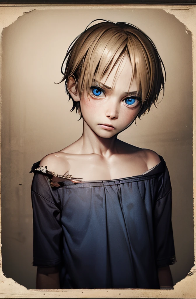 skinny, almost starved, poor young boy, aged 9, light hair, blue eyes, baggy eyes, tired expression, detailed facial features, ragged clothing, torn clothes, show entire body, no background.