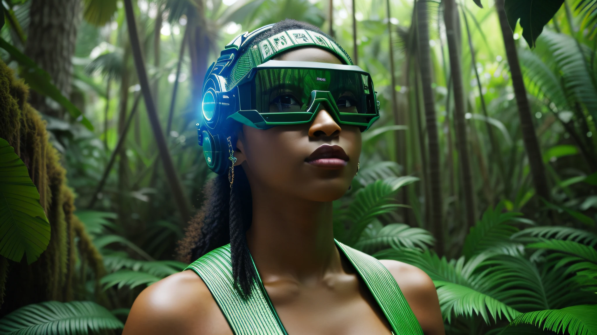 Close up of a woman wearing a green dress and protective eyewear, Afrofuturismo, Estilo Afrofuturista, Afrofuturista, Afrofuturista, Afro Futurista, afro - estilo futurista, Futurismo Afro, futuristic glasses lenses, vestindo futurista, futuristic ar glasses, cyber goggles, cyberpunk eye wear, retrato futurista da mulher, epic 3 d oshun, androide feminina africana, mulher futurista da moda, Visual futurista