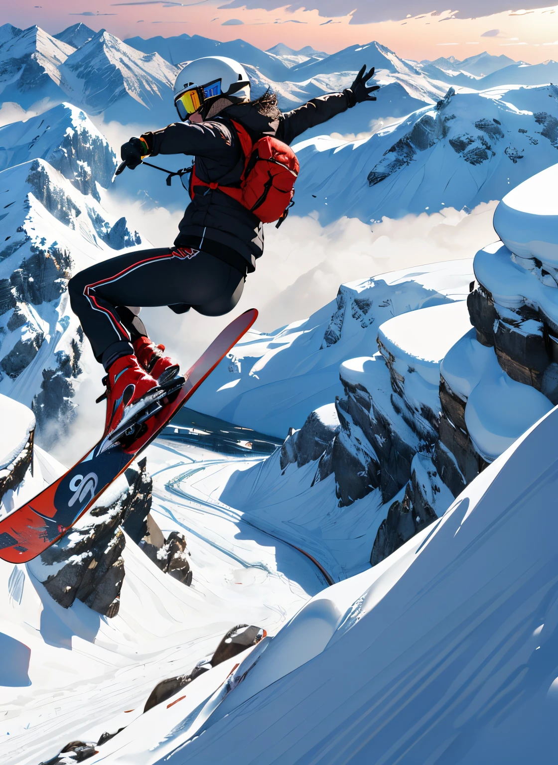 Snowboard landing in the Rocky Mountains