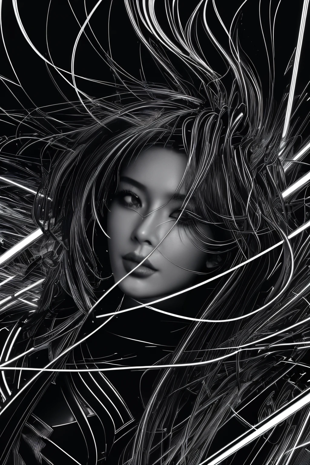 (line art:1.5),Metal lines,A beautyful girl,model shoot style,abstract paintings, (extremely detaild的 CG unified 8k wallpapers), A chaotic storm of lines rises from a complex rainbow of smoke overhead, Stylized abstract portrait of beautiful girl,heavy metal style,postmodern industrial style,ultra-realistic realism,metallic luster,metalictexture
