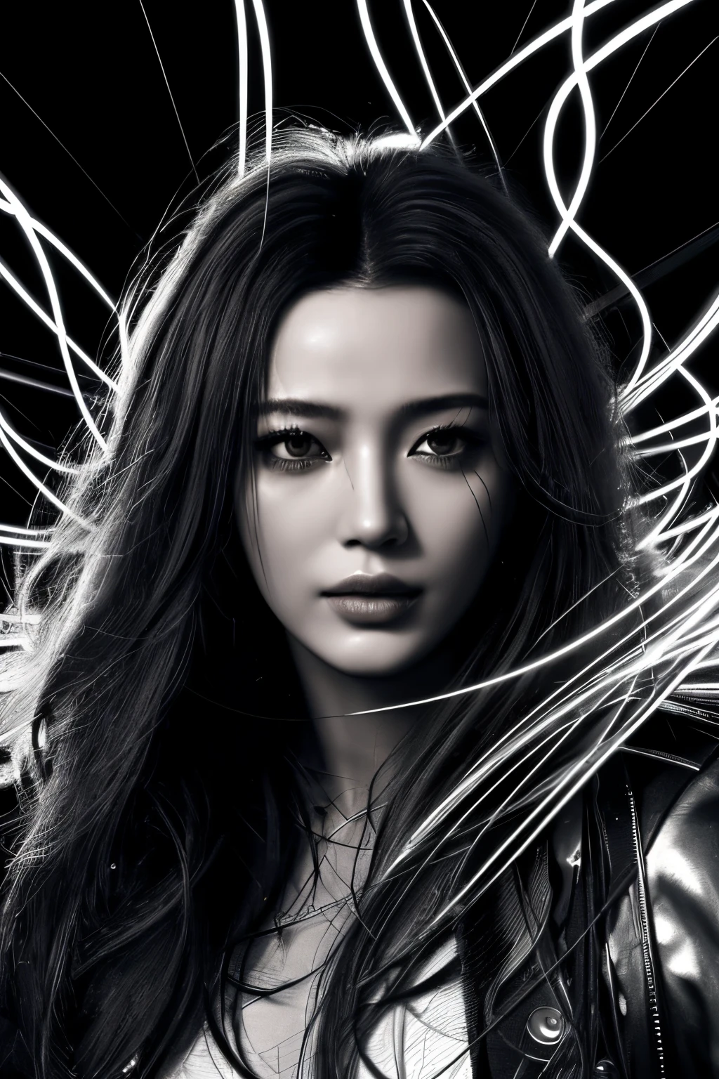 (line art:1.5)，Metal lines，A beautyful girl,model shoot style,abstract paintings, (extremely detaild的 CG unified 8k wallpapers), A chaotic storm of lines rises from a complex rainbow of smoke overhead, Stylized abstract portrait of beautiful girl,heavy metal style，postmodern industrial style，ultra-realistic realism，metallic  luster，metalictexture