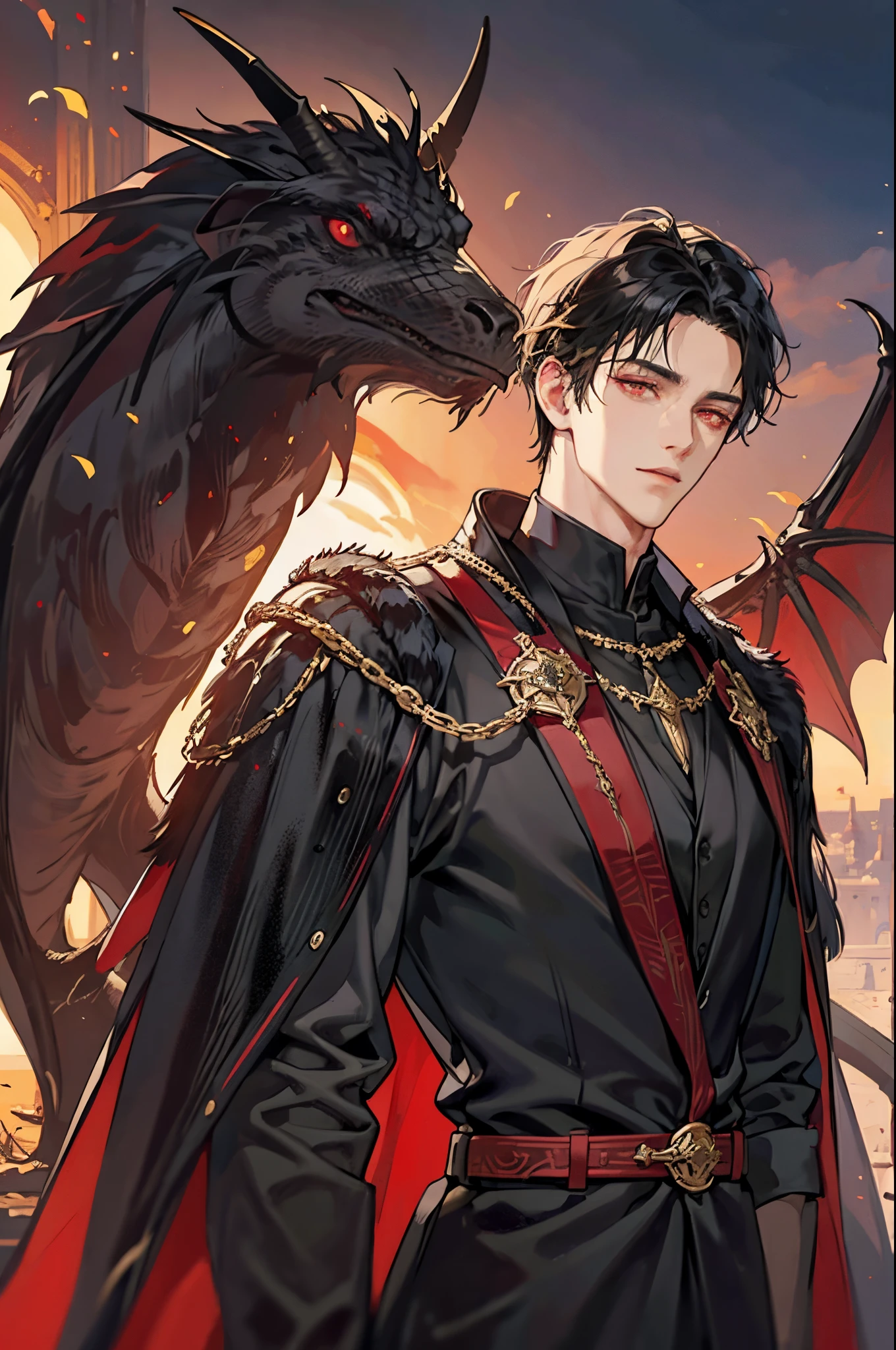 1 male, adult, handsome, short black hair, dark red eyes, tyrannical ruler, the prince, dressed in black with gold embroidery, medieval, dark fantasy, feathered dragons, close up