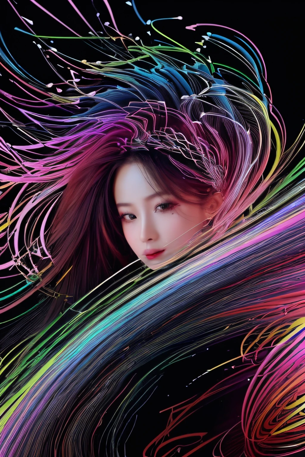 (line art:1.5)，Colorful lines，A beautyful girl,model shoot style,abstract painting, (extremely detaild的 CG unified 8k wallpapers), A chaotic storm of lines rises from a complex rainbow of smoke overhead, Stylized abstract portrait of beautiful girl,