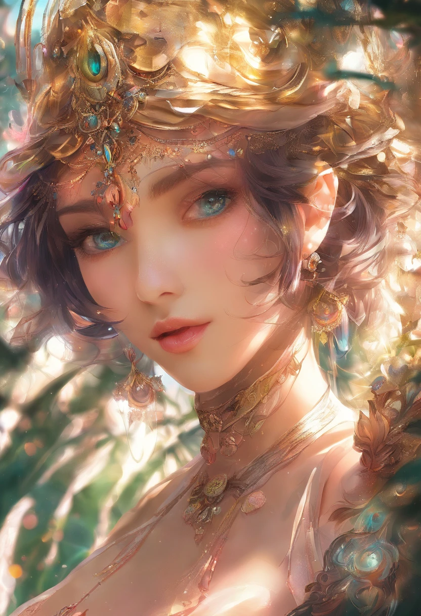 （double contact：1.4），Girl's face，deep forest trees，Close-up cleavage，（（Best quality））， （（tmasterpiece））， Enhanced dynamic viewing angle，glowing effect，ultra - detailed，Works of masters，high high quality，8K分辨率，high high quality，ultra - detailed，Detailed pubic hair，Accurate，