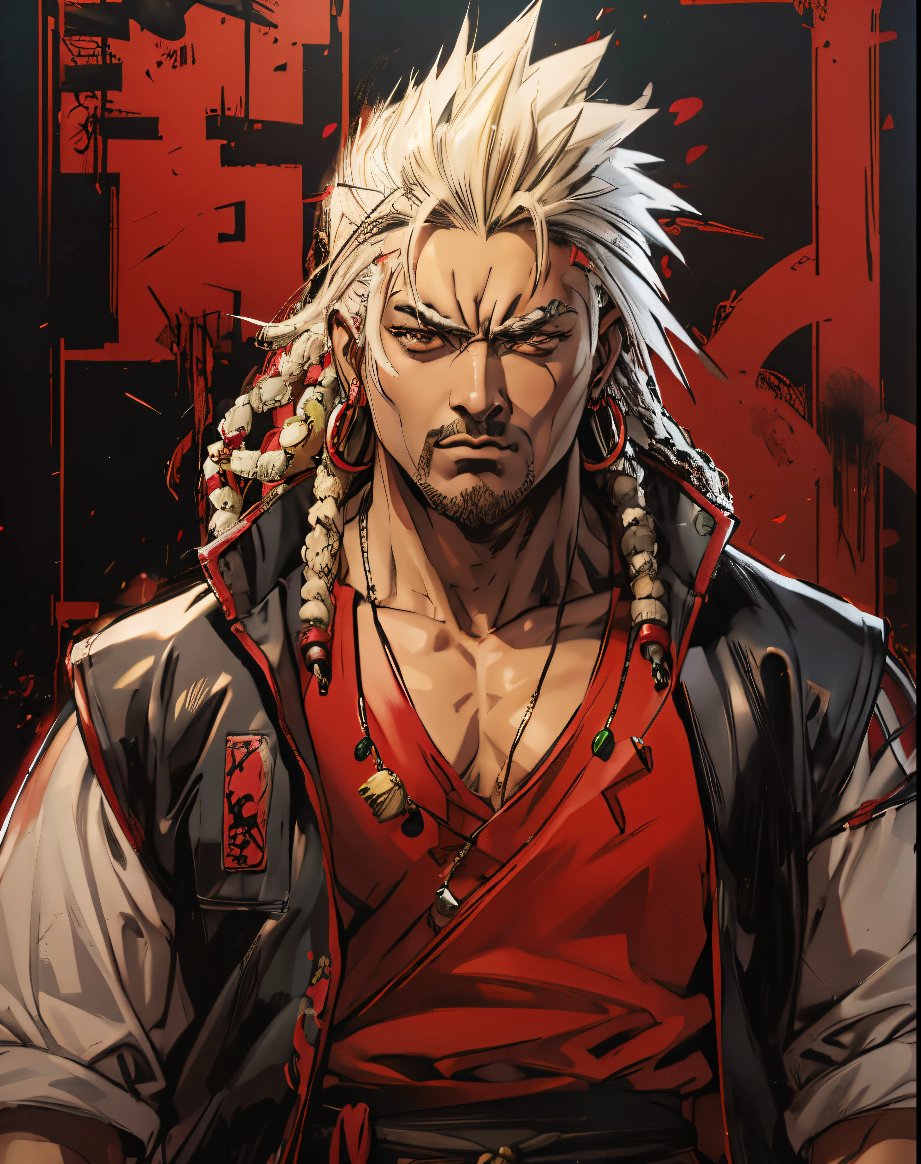 Masterpiece quality, 8K , well crafted details, man , muscular build, In the background , Red stripes , Black background , Behind the character there is the inscription Berserk , With a sword on his back , dressed in a black T-shirt , Sits on a stone,
