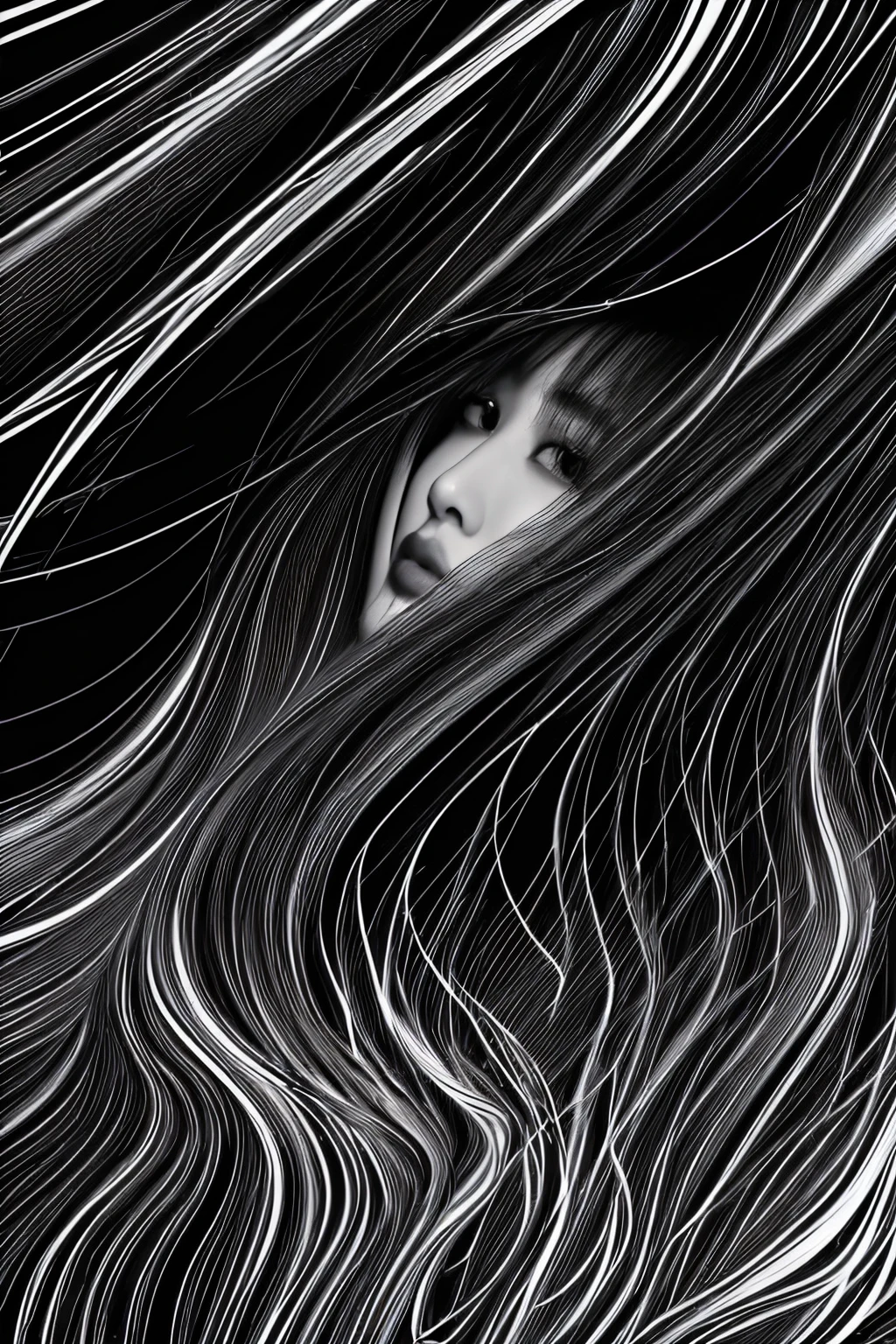 (line art:1.5)，Many colors，A beautyful girl,model shoot style,abstract paintings, (extremely detaild的 CG unified 8k wallpapers), A chaotic storm of lines rises from a complex rainbow of smoke overhead, Stylized abstract portrait of beautiful girl,