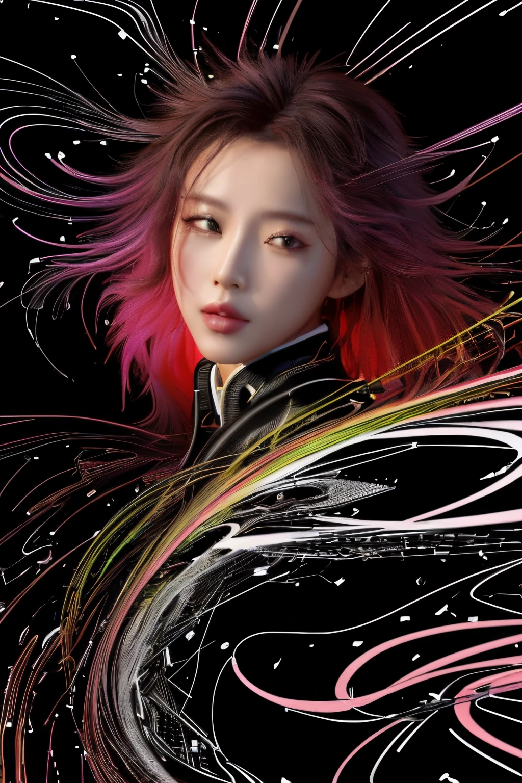 (line art:1.5)，many color，A beautyful girl,model shoot style,abstract painting, (extremely detaild的 CG unified 8k wallpapers), A chaotic storm of lines rises from the complex liquid smoke overhead, Stylized abstract portrait of beautiful girl,