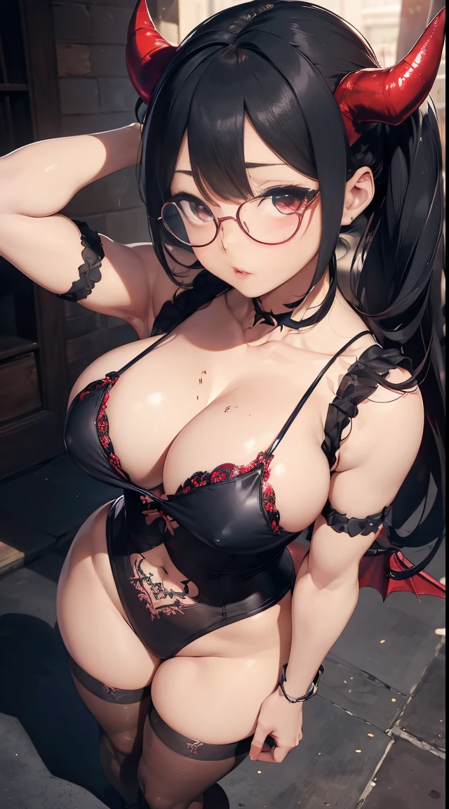 Fine、(The best illustrations)、8k UHD resolution、intricate-detail、top-quality、realisitic、ultra-detailliert、The best lighting、Best Shadows、Soft lighting、Ulutra HD、Ultra-realistic、Tindall Effect、Photorealsitic、(High Detail Skins:1.2)、 (Intricate details, makeup, pureerosface_v1:0.5), (Detailed beautiful delicate face, Detailed beautiful delicate eyes, A perfectly proportioned face, High detailed skin, Detailed skin, best ratio four finger and one thumb, arms below breasts, Tattoo with a red glow under the stomach、Awesome awesome, wide hips, smooth midriff, skiny and thin, __Fashion__, __hair__:1.25)、Digital SLR、 absurderes、(masutepiece: 1.3), (max resolution: 1.2), (Ultra HDTV: 1.2), cinematric light, Detailed eyes and skin, detailed facial features, , (Sharp Focus: 1.2), (Focus on Face:1.2),Perfect Style, Beautiful face, acurate, Anatomically correct, Highly detailed face and skin texture, Detailed eyes, Double eyelids, Thin eyebrows, Glitter Eyeliner: 1 Natural cheeks, Glossy skin, Fair skin: 1.2, (Glossy lips: 1.4),(Shy look: 1.2),Highly detailed facial and skin texture, Detailed eyes, Double eyelids, Natural cheeks, shiny lips: 1.4,Exposed cleavage、Bewitching。Seductive、dark brown hair。Evil Nun、Torn monastic clothing、corsets、fishnet tights、Chest is emphasized、((((Huge glasses, Otaku Glasses, thick glasses, Round glasses)))),(((Colossal tits)))、The long-haired、Braids、Black hair、Ponytail distortion、, Ponytail with a bow tied at the back of the hair, Beautiful expression、Body Up、Large breasts emphasis、Bust, Super tight breasts, Breast augmentation surgery, The breasts are very big and round and round,Toned waist、Wide buttocks、intricate tattoos, demonic intricate tattoos, thigh tattoos, body tattoos, Red sparkling gemstone necklace、Jewelry Gwise, wearing black mesh socks,Wear light red、nffsw, nffsw, Meet beautiful girls, Look at the girl's body, Bat Wings,(((Demon Horns)))、(Devil's Tail)、In the Dark、(Detailed spooky backgrounds:0.8),With a whip in your hand、