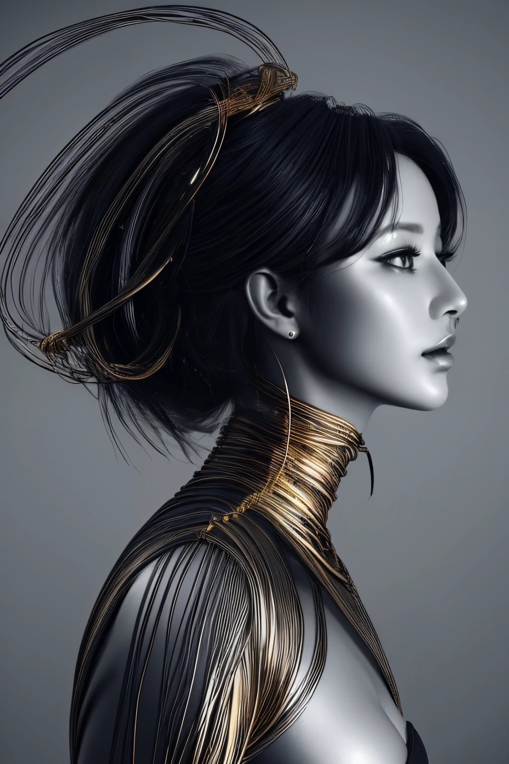 (line art:1.5)，a color，A beautyful girl,model shoot style,abstract paintings, (extremely detaild的 CG unified 8k wallpapers), A chaotic storm of lines rises from the complex liquid smoke overhead, Stylized abstract portrait of beautiful girl,heavy metal style，postmodern industrial style，ultra-realistic realism，Image of beautiful woman sculpture made from thin metal wire, golden curve structure, Woman sculpture made of wire,