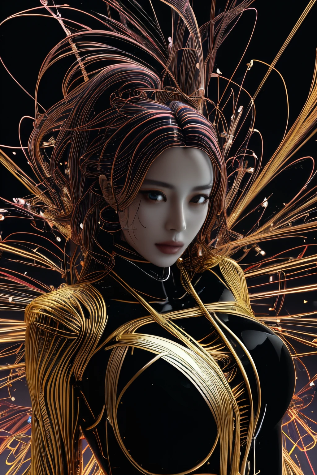 (line art:1.5),a color,A beautyful girl,model shoot style,abstract paintings, (extremely detaild的 CG unified 8k wallpapers), A chaotic storm of lines rises from the complex liquid smoke overhead, Stylized abstract portrait of beautiful girl,heavy metal style,postmodern industrial style,ultra-realistic realism,Image of beautiful woman sculpture made from thin metal wire, golden curve structure, Woman sculpture made of wire,