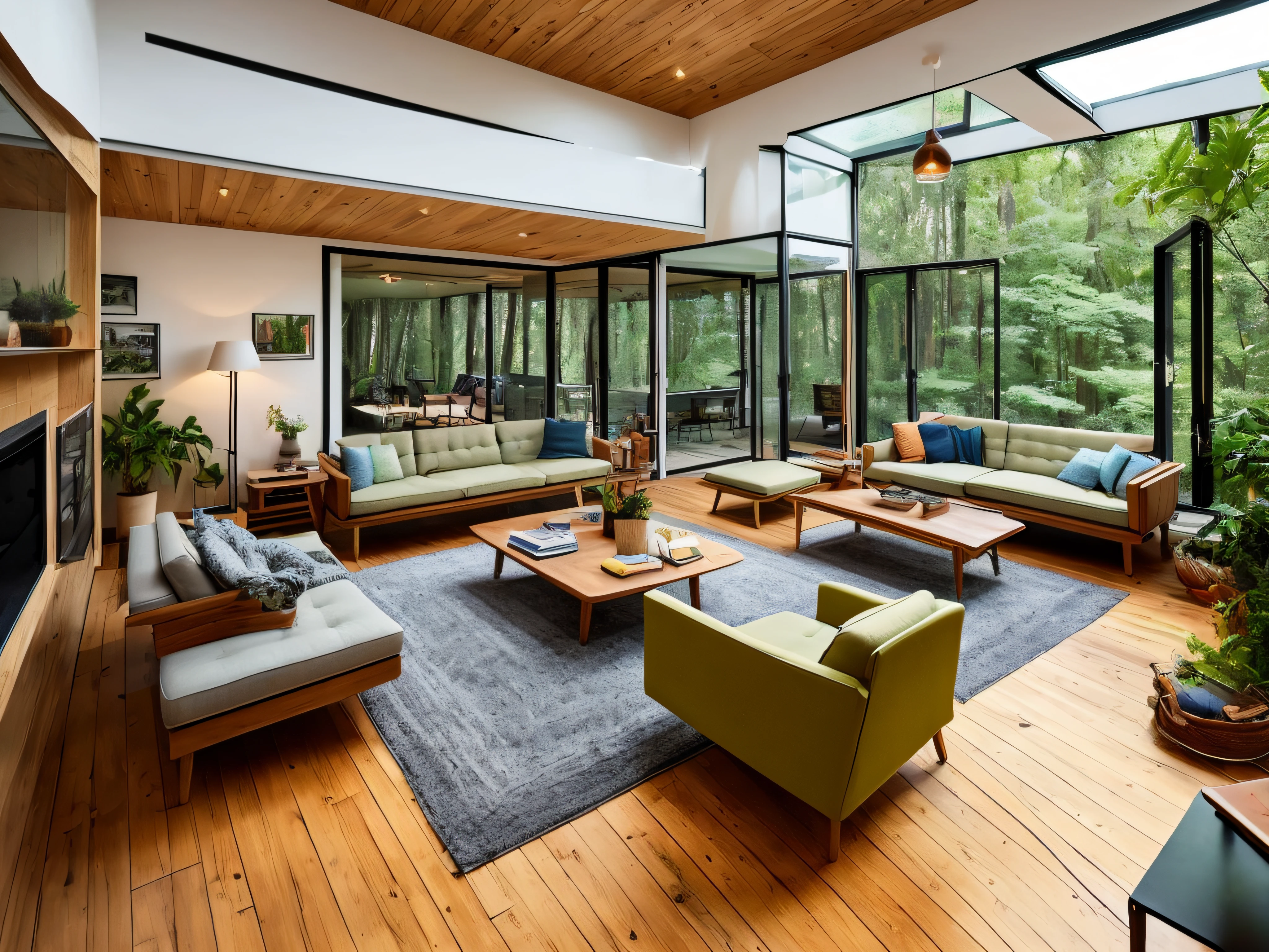 Mid-century loft home interior design of modern living room in house in forest.