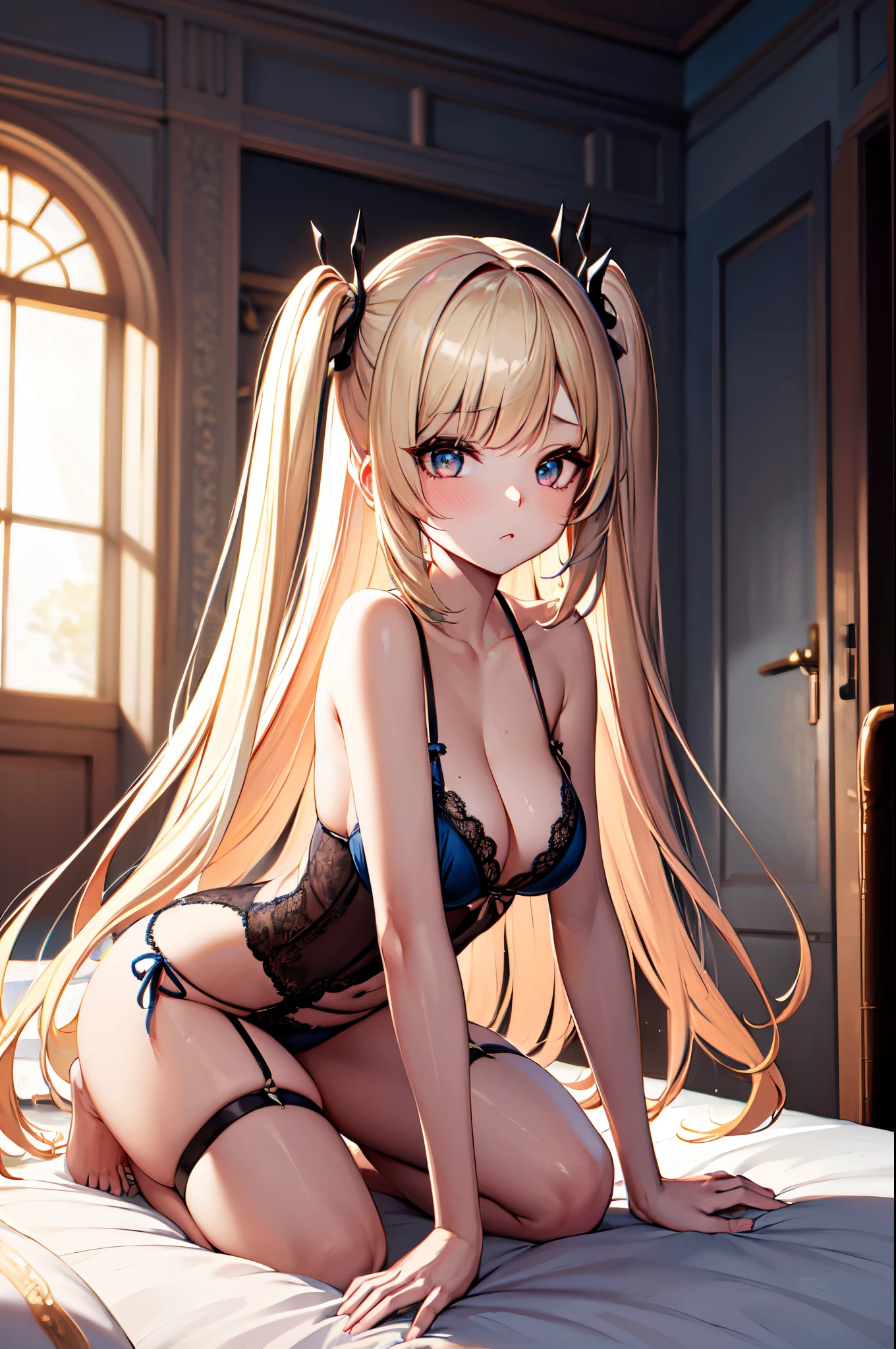 ((Best Quality)), (ultra-detailliert), ((Extremely detailed)), (Beautiful), ((Kawaii Girl)),  ((UHD)), (masterpiece), (high quality), (best quality), (4K), (high quality), 1, solo girl, 1girl, ((platinum blond hair)), parted bangs, ((hair intakes)), long hair, (hair two side up long), ((jade colored eyes)), slanted eyes, medium breasts, slender body, lite blue, doll trimmed with lace, side tie panties, garter belt, crawling position, bedroom,  backlighting, anime