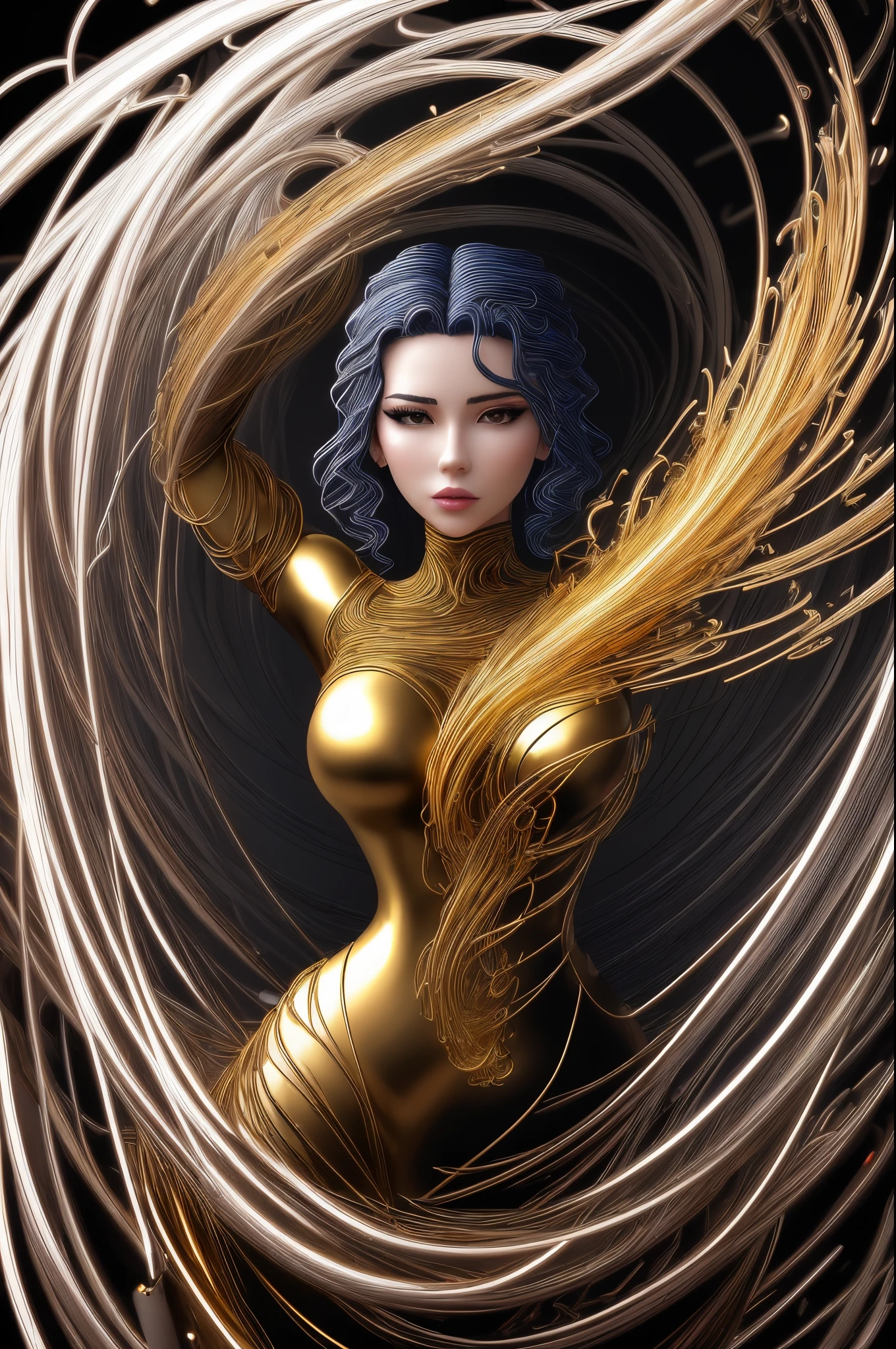 (line art:1.5),Mono Color,A beautyful girl,model shoot style,abstract painting, (extremely detaild的 CG unified 8k wallpapers), A chaotic storm of lines rises from the complex liquid smoke overhead, Stylized abstract portrait of beautiful girl,heavy metal style,postmodern industrial style,ultra-realistic realism,Image of beautiful woman sculpture made from thin metal wire, golden curve structure, Woman sculpture made of wire, Spiral dripping gold, Metal curves pose woman, Winding streets, abstract female sculpture, Small whirlpools, abstract sculpture, twist, Rotated, Intricate tinsel woman, spirals, long exposure photos, line sleek, complex light
