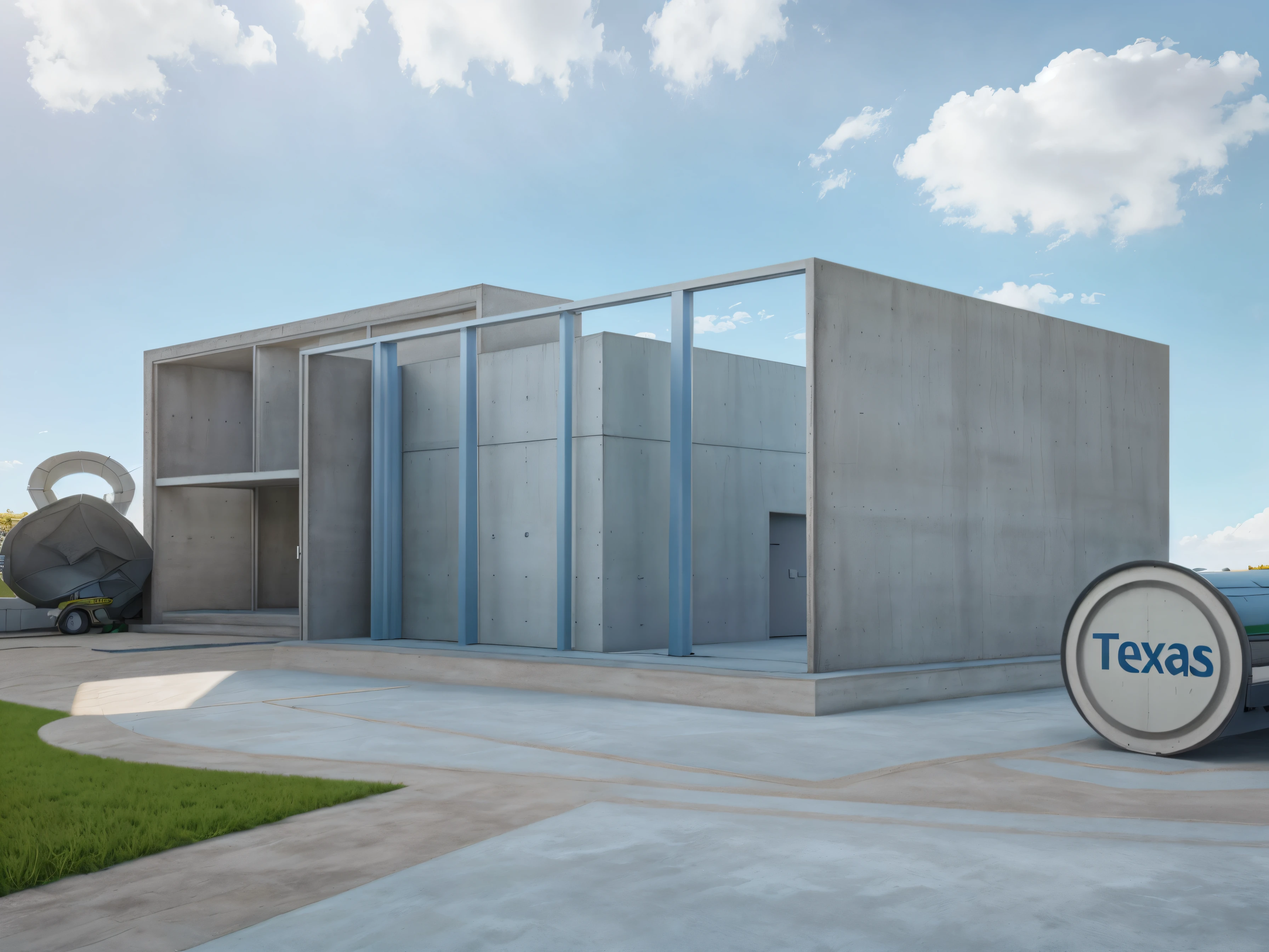 rendering of a building, a concrete walkway extend to the far distance, a concrete building and ((bush hedge)) on the left all the way along of the walkway, ((beautiful open grass lawn in front and side)), ((beautiful blue sky, daylight)), masterpiece, ultra-detailed, realistic rendering, commercial rendering, 4K