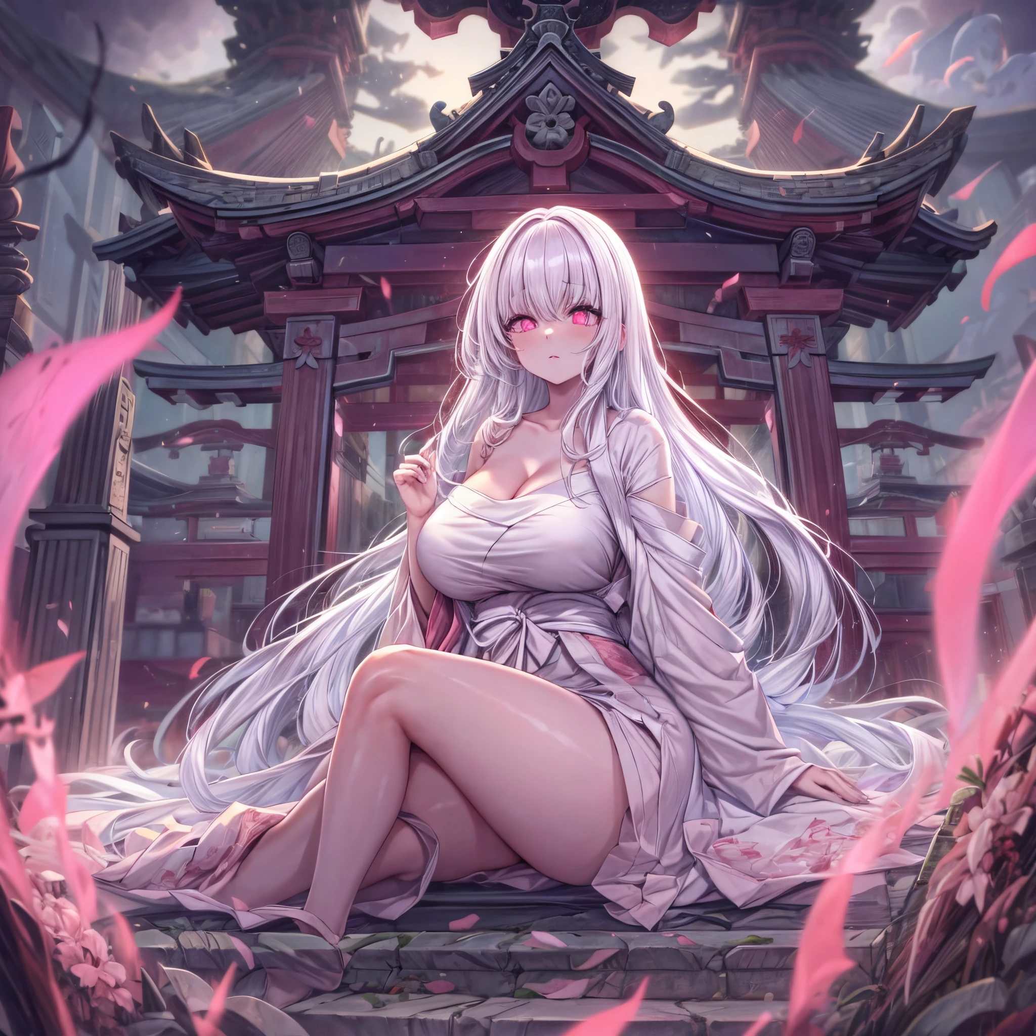 Masterpiece, 1girl,solo,huge breasts, ghost costume , (hitodama) ,night, tombstone, graveyard,,, long sleeves, very long sleeves, , ghost, pale skin,, off shoulder, cleavage, no bra, (((extremely long white hair))), lying by tombstone, bare legs, shredded tattered clothes, curvy wide hips, massive breasts, chubby thighs, (((beautiful bright pink anime eyes))), japanese temple, from above, full lips, beautiful mature face, MILF