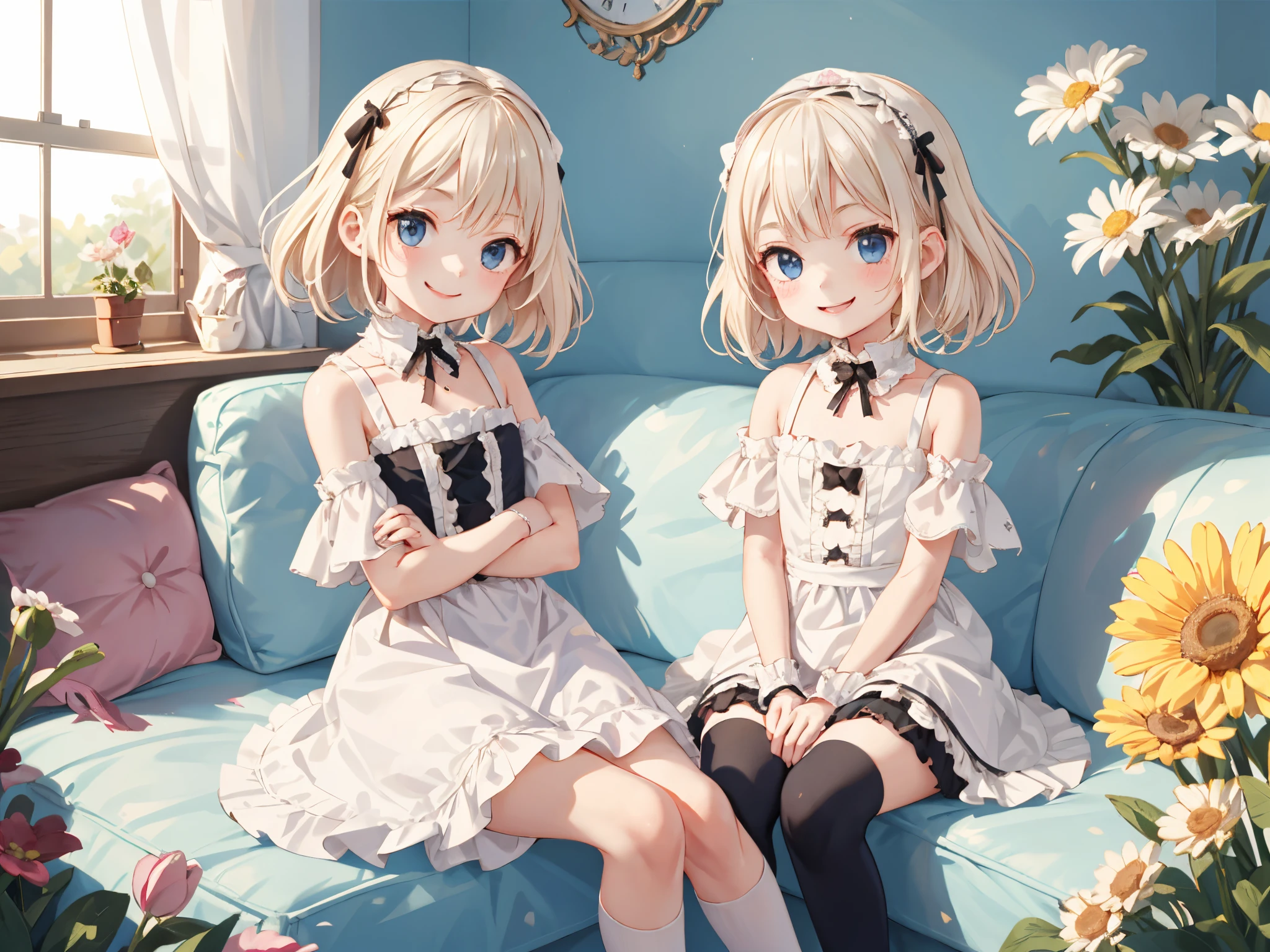 Best Quality, ultra-detailliert, Lolita Fashion, 1 young girl(8ars old),a beauty girl,A smile, with arms crossed, platinum-blonde-hair, In Los Angeles,flat chest,Perfect limbs,The morning sun shines
