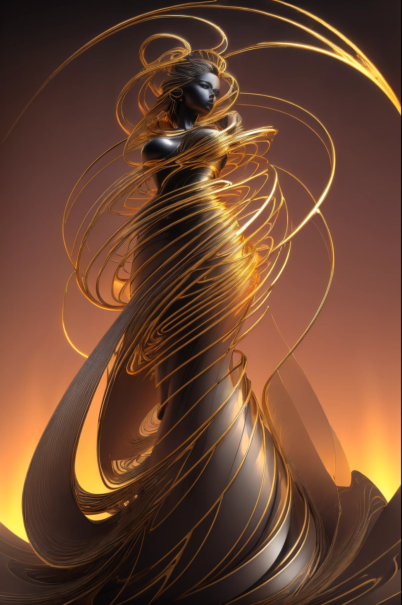 (line art:1.5)，Mono Color，A beautyful girl,model shoot style,abstract paintings, (extremely detaild的 CG unified 8k wallpapers), A chaotic storm of lines rises from the complex liquid smoke overhead, Stylized abstract portrait of beautiful girl,heavy metal style，postmodern industrial style，ultra-realistic realism，Image of beautiful woman sculpture made from thin metal wire, golden curve structure, Woman sculpture made of wire, Spiral dripping gold, Metal curves pose woman, Winding streets, abstract female sculpture, Small whirlpools, abstract sculpture, twist, Rotated, Intricate tinsel woman, spirals, long exposure photos, line sleek, complex light