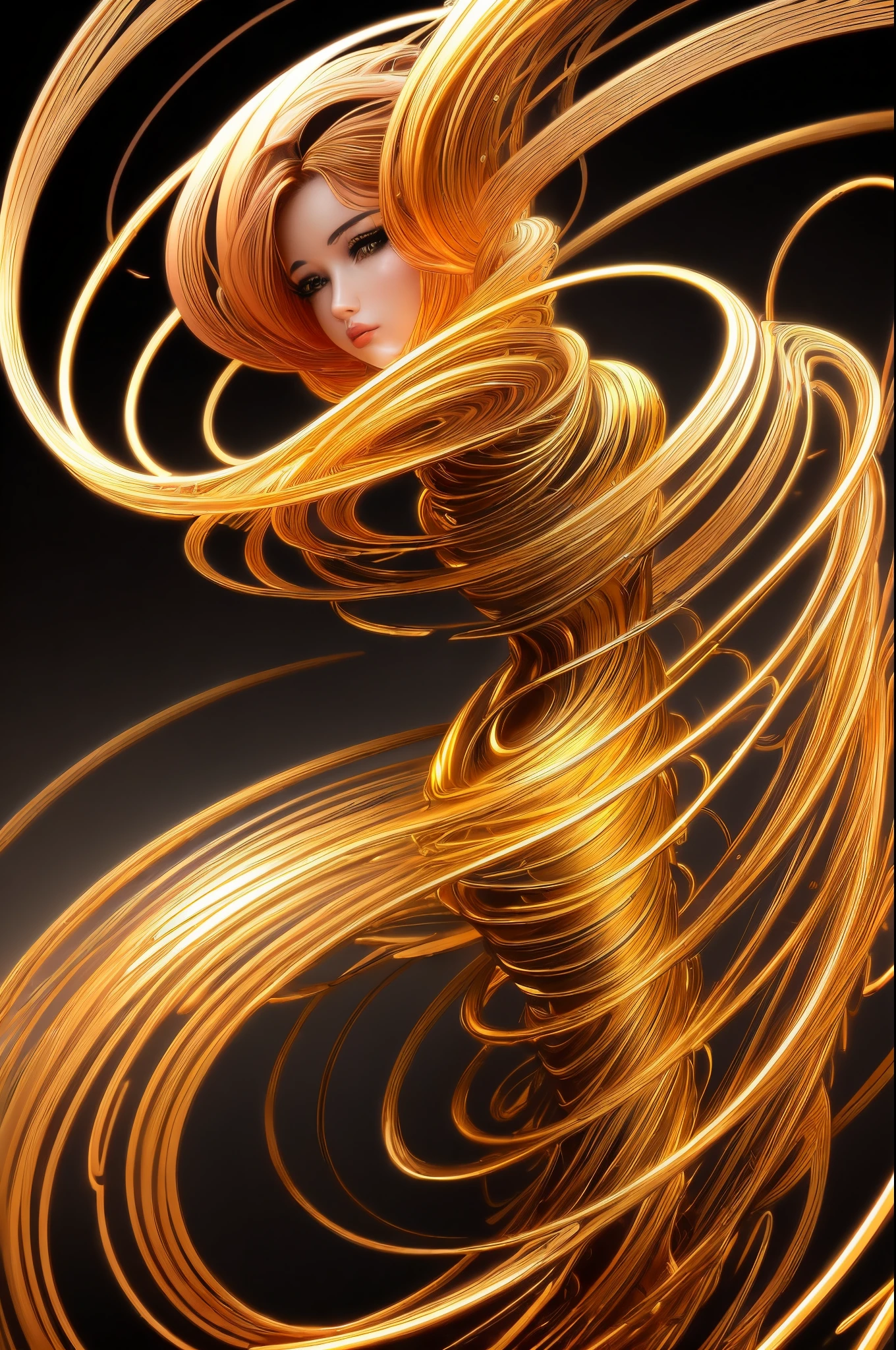 (line art:1.5)，Mono Color，A beautyful girl,model shoot style,abstract paintings, (extremely detaild的 CG unified 8k wallpapers), A chaotic storm of lines rises from the complex liquid smoke overhead, Stylized abstract portrait of beautiful girl,heavy metal style，postmodern industrial style，ultra-realistic realism，Image of beautiful woman sculpture made from thin metal wire, golden curve structure, Woman sculpture made of wire, Spiral dripping gold, Metal curves pose woman, Winding streets, abstract female sculpture, Small whirlpools, abstract sculpture, twist, Rotated, Intricate tinsel woman, spirals, long exposure photos, line sleek, complex light