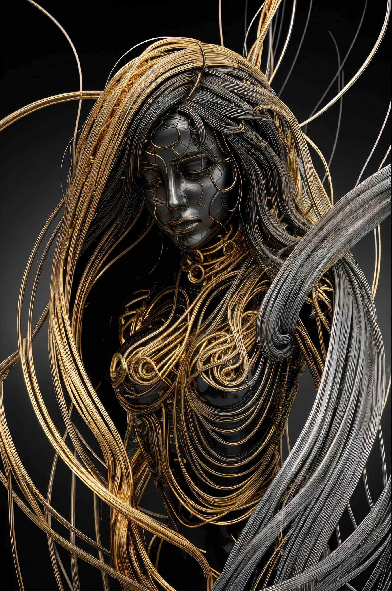 (line art:1.5)，Mono Color，A beautyful girl,model shoot style,abstract painting, (extremely detaild的 CG unified 8k wallpapers), A chaotic storm of lines rises from the complex liquid smoke overhead, Stylized abstract portrait of beautiful girl,heavy metal style，postmodern industrial style，ultra-realistic realism，Image of beautiful woman sculpture made from thin metal wire, golden curve structure, Woman sculpture made of wire, Spiral dripping gold, Metal curves pose woman, Winding streets, abstract female sculpture, Small whirlpools, abstract sculpture, twist, Rotated, Intricate tinsel woman, spirals, long exposure photos, line sleek, complex light