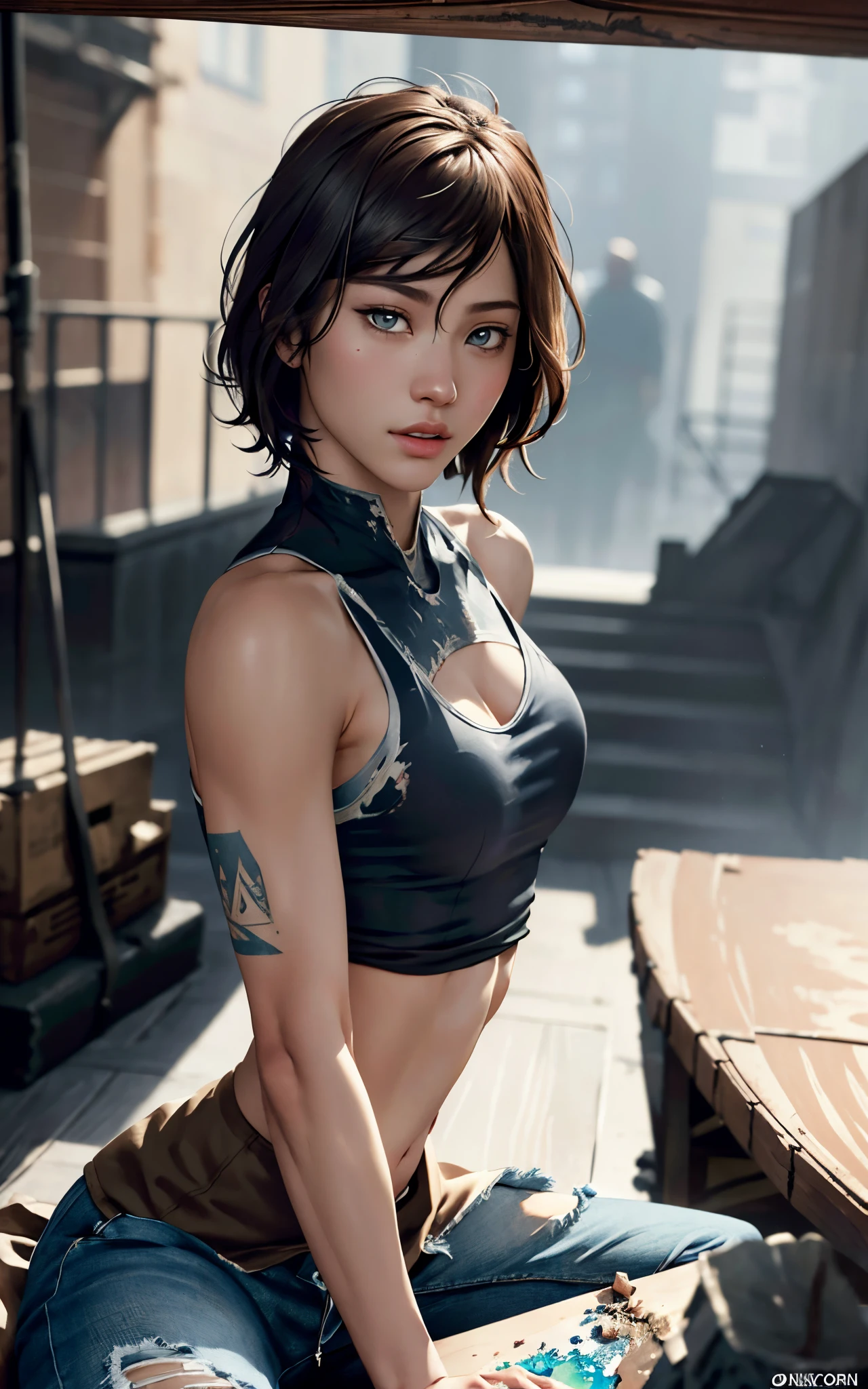 Korra with the face of zendaya ,sitting on some stairs, ripped jeans, tank top, upshirt, ((pulls up her shirt)) , slightly muscular, Beautiful realistic waifu style girl, hyperdetailed painting, luminism, art by Carne Griffiths and Wadim Kashin concept art, post-apocalyptic background, abstract beauty, approaching perfection, pure form, golden ratio, minimalistic, dark atmosphere, unfinished, concept art, intricate details, 8k post production, high resolution, hyperdetailed, trending on artstation, sharp focus, studio photo, intricate details, highly detailed, by artgerm.