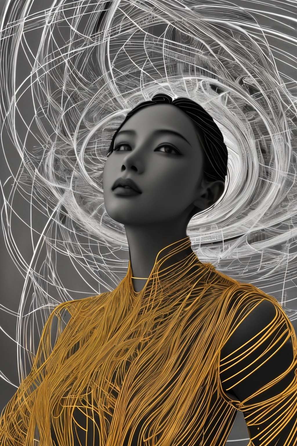 (line art:1.5)，Mono Color，A beautyful girl,model shoot style,abstract painting, (extremely detaild的 CG unified 8k wallpapers), A chaotic storm of lines rises from the complex liquid smoke overhead, Stylized abstract portrait of beautiful girl,