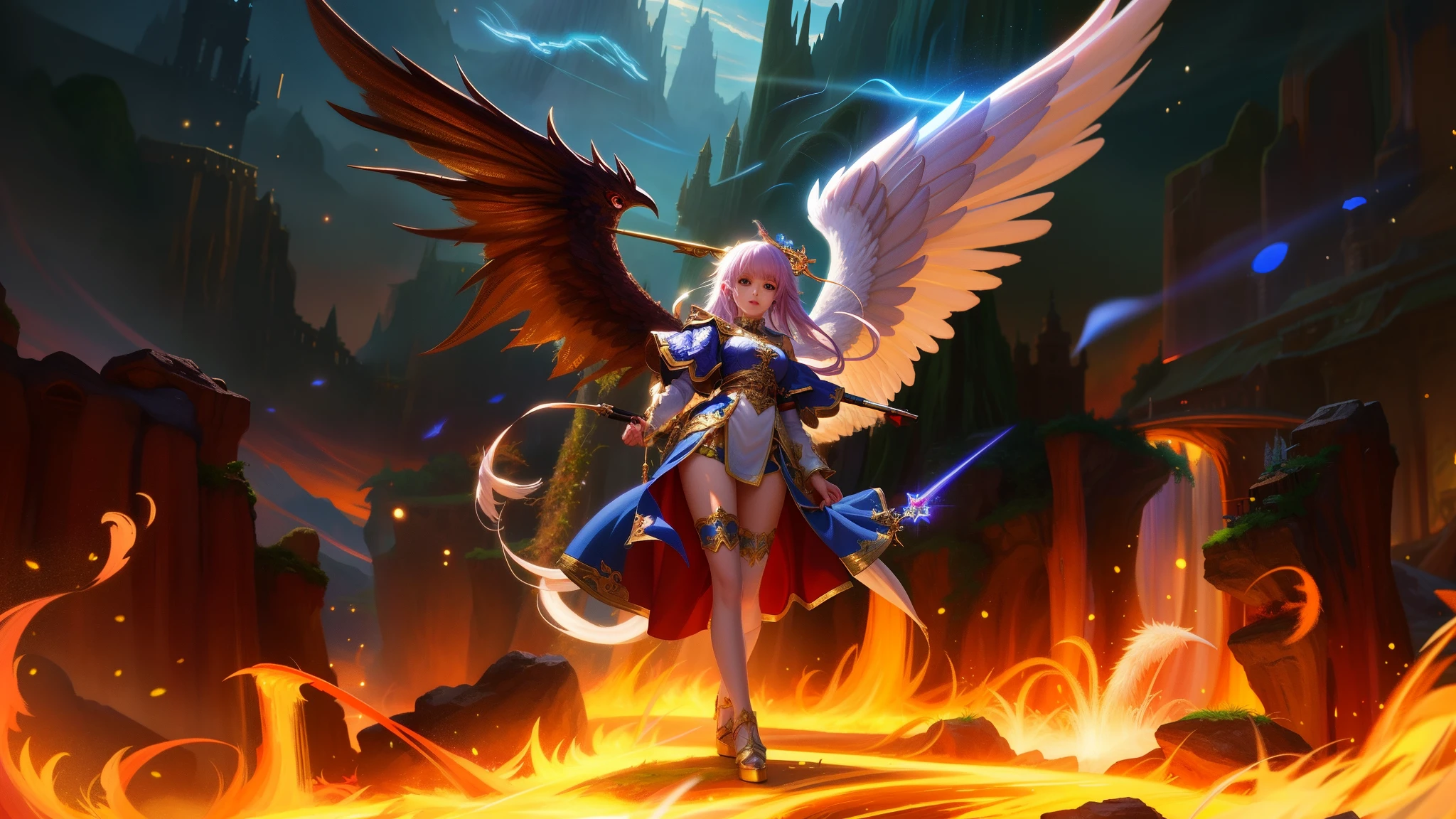 Firebird and Bishamonten、Magnificent scale、((beautiful countenance))bio luminescent、etheric、masutepiece、high-level image quality