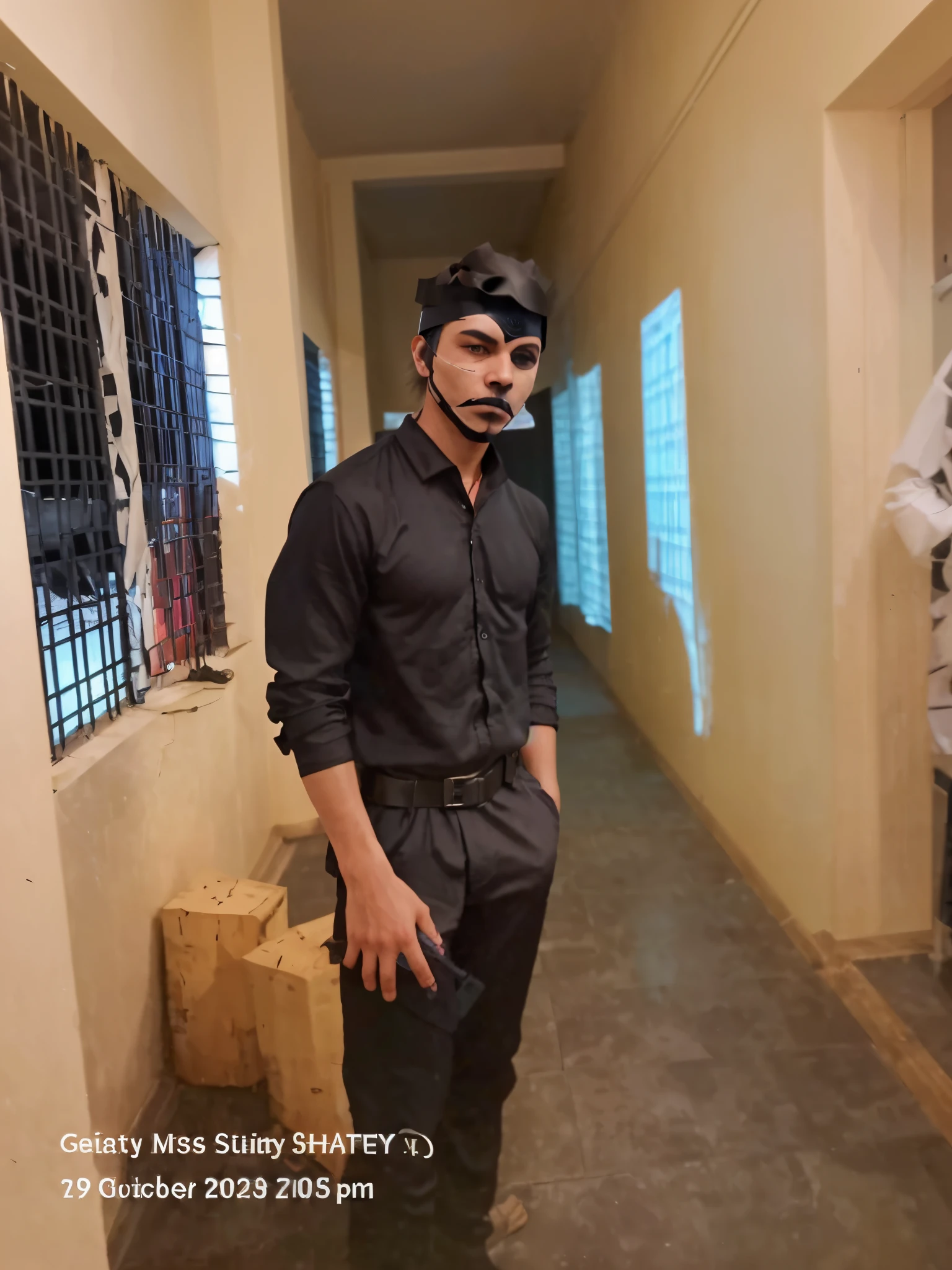 A handsome dengerous assassin with black mask on face and dark effect and black assassin costume
