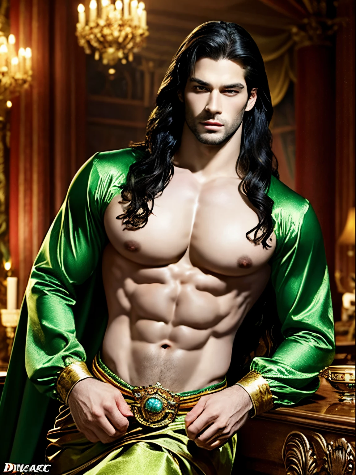 big breasts beautiful,Handsome,masculine features,male body,muscular boy,big breasts beautiful,Colorful,fanciful,dream magical,A mix of medieval European aristocratic costumes,Light green translucent long hair,red color eyes,Luxury clothing,diadems,The king,a medieval castle,noble,Black belly,Slightly drunk,