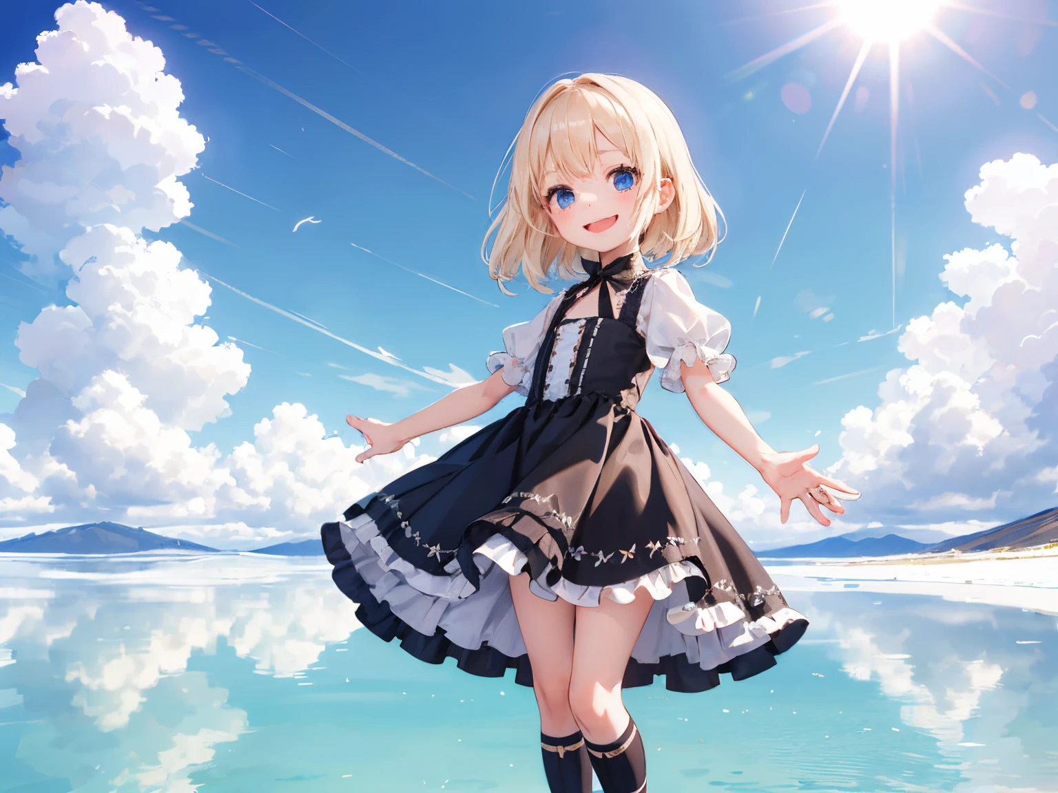 (full body:1.2),smile,white pantyhose,
1girl,solo,  usamia,blonde hair, short hair,braid,rabbit ears, red eyes,
outdoors,liquid blue sky,standing on one leg,pink shoes,
 dress bow,layered dress,choker,butterfly wings,hair flower,long dress,pink dress,pink sleeves