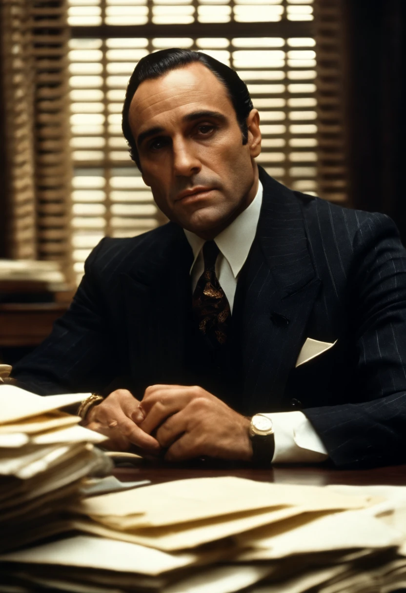 A photo of Fredo sitting at his desk with a pile of paperwork in front of him, looking slightly overwhelmed and stressed.,The Godfather series,Fredo Corleone, a character from “The Godfather” series, portrayed by John Cazale, has a less imposing presence compared to other members of the Corleone family. He often appears slightly disheveled, with a softer, less confident demeanor. Fredo’s style is somewhat conservative, typically dressed in suits that are less refined than those of his brothers, underscoring his secondary status in the family hierarchy.