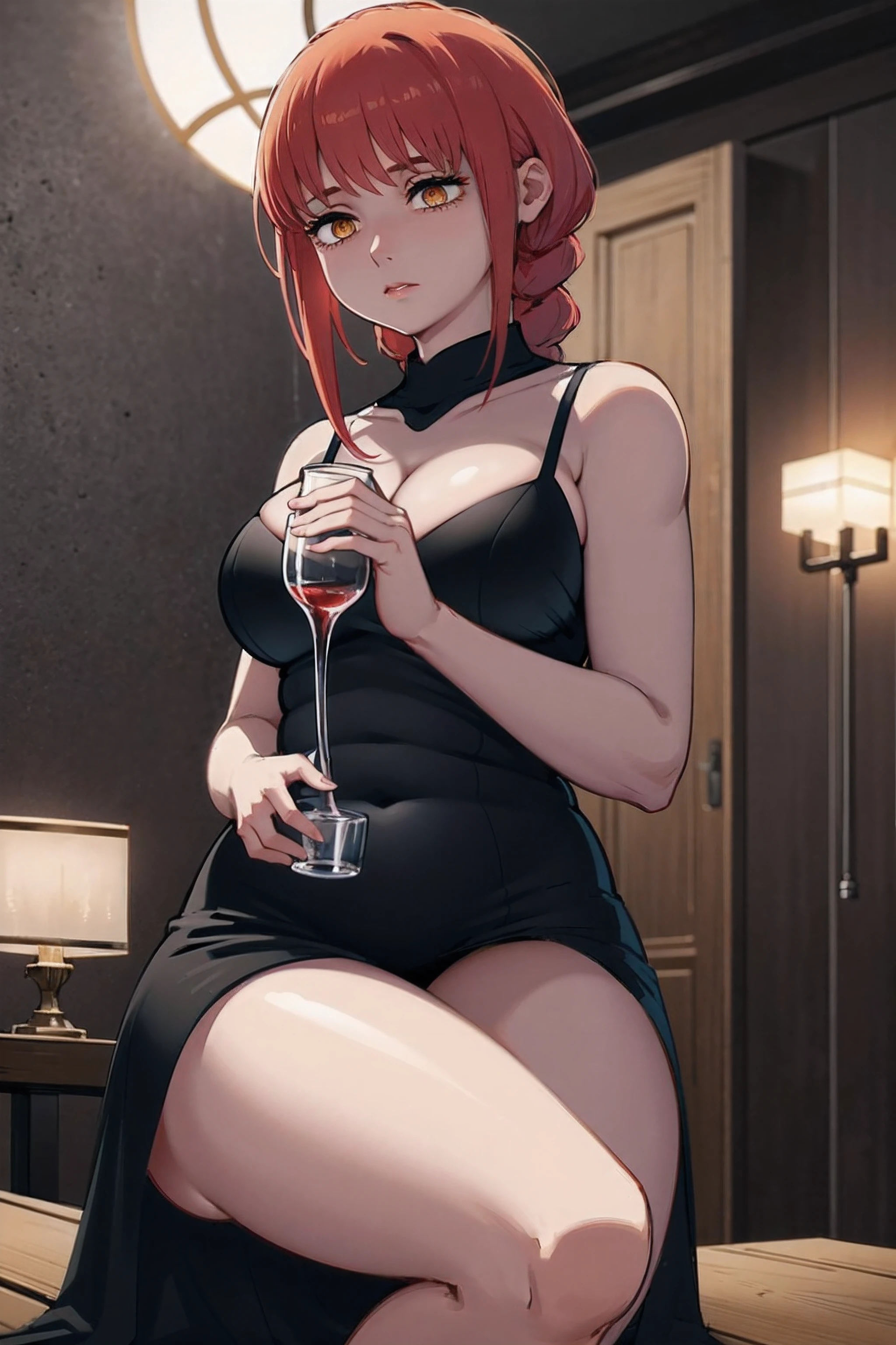 In a sumptuous hall, Makima, a figura imponente, is positioned at an oblique angle to the camera. Its sculpted profile is highlighted by the contrast of light and shadow, as she elegantly raises a glass of wine to eye level. Seus cabelos negros, caindo em ondas suaves, are partially lit, destacando o brilho natural dos fios. The opposite side of his face is shrouded in subtle shadows, creating an enigmatic aura.
Makima's posture is imposing, seus ombros levemente inclinados para frente, conveying a sense of control. The hand holding the cup is positioned with millimeter precision, fingers delicately curved around the crystal chalice. Her lips, almost touching the rim of the glass, exude an air of serenity and confidence.
Camera angle captures the scene from top to bottom, highlighting the elegance of your pose. A luz lateral suave destaca os contornos de seu rosto, while the shadows dance, creating a play of light and darkness that highlights its enigmatic expression. Cada detalhe, from the nuances of the hair to the folds of the meticulously adjusted clothes, contributes to the stunning visual composition that is Makima in this moment of masterful posing,UHD, retina, masterpiece, accurate, anatomically correct, textured skin , super detail, high details, high quality, award winning, best quality, highres, 1080P, HD, 4K, 8k, 16k