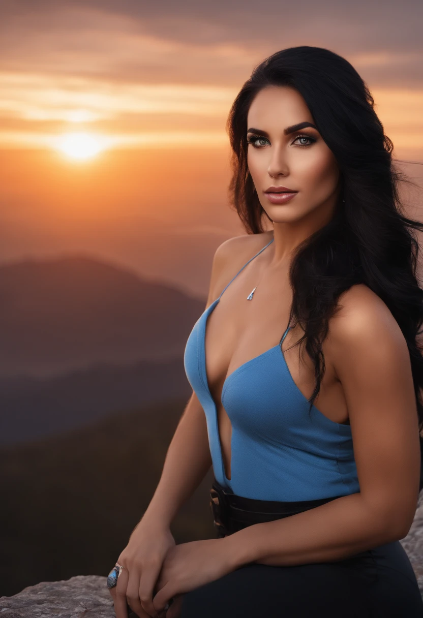 A photo of Madison at the top of a mountain, with a breathtaking view of the sunrise over the city in the background.,original,Madison Kane is a tall woman with jet black hair in a ponytail, and piercing blue eyes. Her skin is a fairer tone, and flawless.