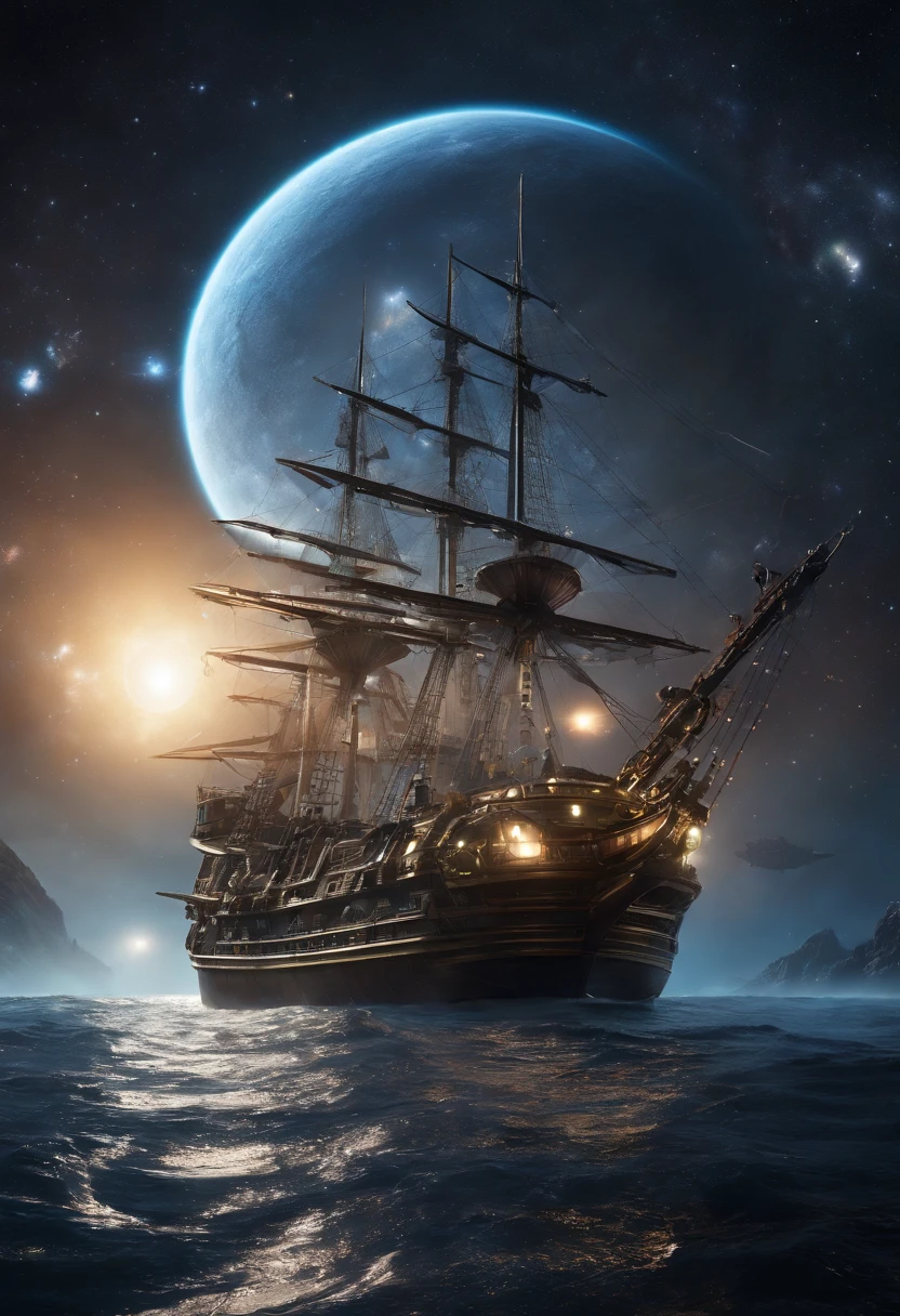Envision an elaborate scene of cosmic piracy where an intricately detailed space pirate ship, designed in the theme of a classic pirate vessel, sails through the cosmos and the Milky Way. Dive into extreme micro-details to bring to life the futuristic space pirate crew, their pirate spaceship, and the celestial wonders in the background.

Highlight the space pirate crew's futuristic pirate attire, blending space-faring technology with classic pirate elements. Zoom in on the micro-details of their attire, weapons, and accessories, showcasing the unique fusion of futuristic and traditional aesthetics.

Emphasize the pirate spaceship's intricate design, transforming it into a spacefaring vessel reminiscent of a classic pirate ship. Capture every detail, from space sails and advanced cannons to ornate carvings and futuristic pirate insignias. Illuminate the ship with cosmic colors to enhance its fantastical appearance.

Consider the celestial backdrop, integrating swirling galaxies, nebulae, and distant planets into the scene. Utilize extreme micro-details to showcase the cosmic wonders as the space pirate ship sails through the vastness of the Milky Way, passing by other planets and celestial phenomena.

Imagine the space pirate crew engaged in pirate activities, whether navigating the ship, manning futuristic controls, or preparing for cosmic raids. Capture the dynamic energy of the scene, emphasizing both the advanced technology and the pirate spirit in their interstellar adventures.

This detailed prompt aims to inspire the creation of an intricately detailed space pirate scene featuring a pirate-themed spaceship sailing through the cosmos and the Milky Way, with a focus on extreme micro-details to bring the futuristic space pirate crew, their ship, and the cosmic wonders to life.