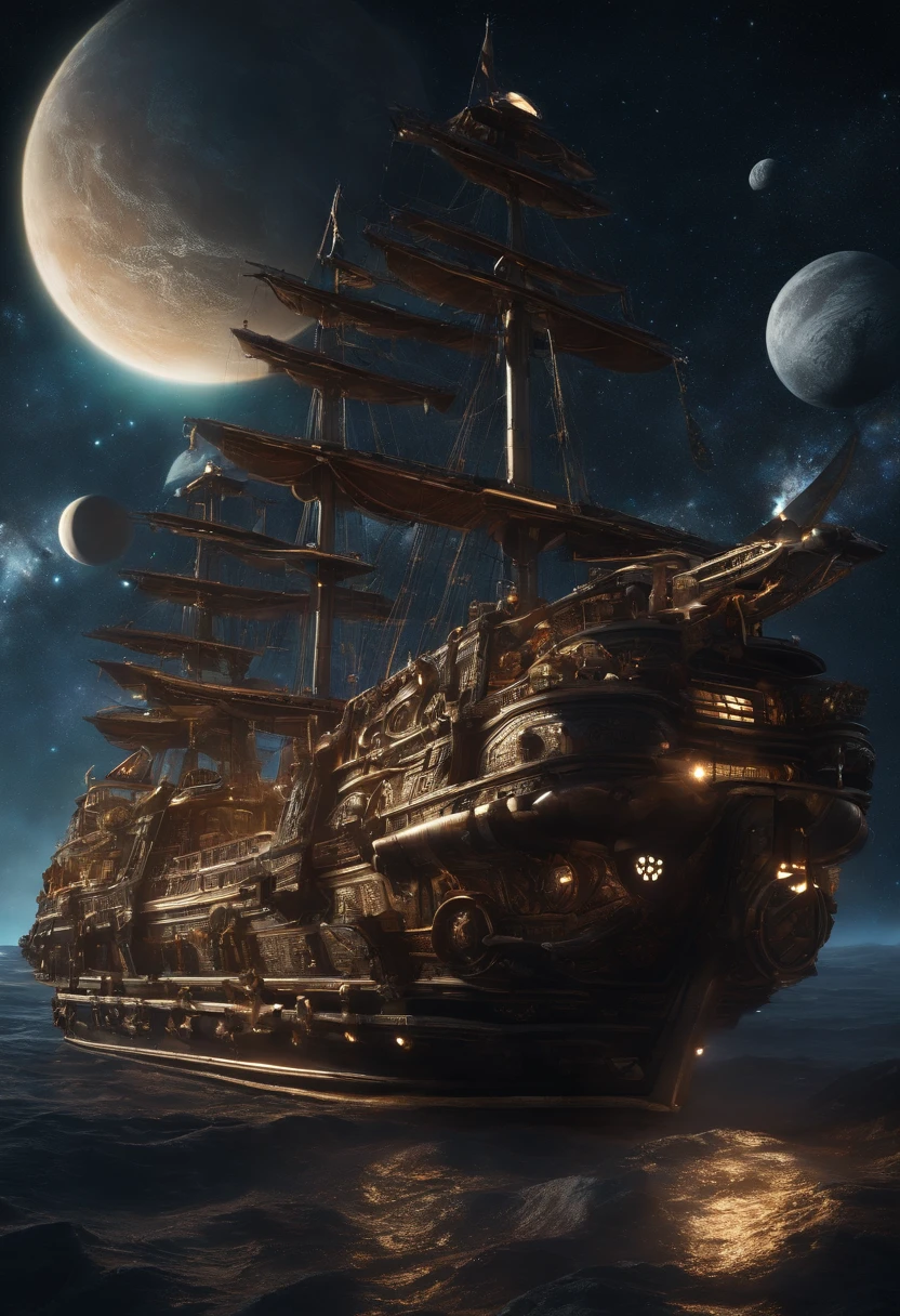 Envision an elaborate scene of cosmic piracy where an intricately detailed space pirate ship, designed in the theme of a classic pirate vessel, sails through the cosmos and the Milky Way. Dive into extreme micro-details to bring to life the futuristic space pirate crew, their pirate spaceship, and the celestial wonders in the background.
Highlight the space pirate crew's futuristic pirate attire, blending space-faring technology with classic pirate elements. Zoom in on the micro-details of their attire, weapons, and accessories, showcasing the unique fusion of futuristic and traditional aesthetics.
Emphasize the pirate spaceship's intricate design, transforming it into a spacefaring vessel reminiscent of a classic pirate ship. Capture every detail, from space sails and advanced cannons to ornate carvings and futuristic pirate insignias. Illuminate the ship with cosmic colors to enhance its fantastical appearance.
Consider the celestial backdrop, integrating swirling galaxies, nebulae, and distant planets into the scene. Utilize extreme micro-details to showcase the cosmic wonders as the space pirate ship sails through the vastness of the Milky Way, passing by other planets and celestial phenomena.
Imagine the space pirate crew engaged in pirate activities, whether navigating the ship, manning futuristic controls, or preparing for cosmic raids. Capture the dynamic energy of the scene, emphasizing both the advanced technology and the pirate spirit in their interstellar adventures.
This detailed prompt aims to inspire the creation of an intricately detailed space pirate scene featuring a pirate-themed spaceship sailing through the cosmos and the Milky Way, with a focus on extreme micro-details to bring the futuristic space pirate crew, their ship, and the cosmic wonders to life.