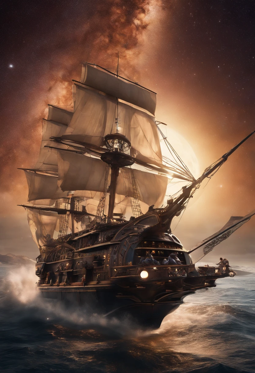 Envision an elaborate scene of cosmic piracy where an intricately detailed space pirate ship, designed in the theme of a classic pirate vessel, sails through the cosmos and the Milky Way. Dive into extreme micro-details to bring to life the futuristic space pirate crew, their pirate spaceship, and the celestial wonders in the background.
Highlight the space pirate crew's futuristic pirate attire, blending space-faring technology with classic pirate elements. Zoom in on the micro-details of their attire, weapons, and accessories, showcasing the unique fusion of futuristic and traditional aesthetics.
Emphasize the pirate spaceship's intricate design, transforming it into a spacefaring vessel reminiscent of a classic pirate ship. Capture every detail, from space sails and advanced cannons to ornate carvings and futuristic pirate insignias. Illuminate the ship with cosmic colors to enhance its fantastical appearance.
Consider the celestial backdrop, integrating swirling galaxies, nebulae, and distant planets into the scene. Utilize extreme micro-details to showcase the cosmic wonders as the space pirate ship sails through the vastness of the Milky Way, passing by other planets and celestial phenomena.
Imagine the space pirate crew engaged in pirate activities, whether navigating the ship, manning futuristic controls, or preparing for cosmic raids. Capture the dynamic energy of the scene, emphasizing both the advanced technology and the pirate spirit in their interstellar adventures.
This detailed prompt aims to inspire the creation of an intricately detailed space pirate scene featuring a pirate-themed spaceship sailing through the cosmos and the Milky Way, with a focus on extreme micro-details to bring the futuristic space pirate crew, their ship, and the cosmic wonders to life.