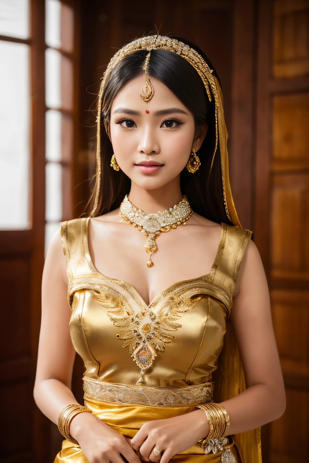 8k, highest quality, ultra details, Ajeng, Javanese beauty, girl, traditional Javanese wedding attire, adorned with gold jewelry, emanating beauty and cultural richness.