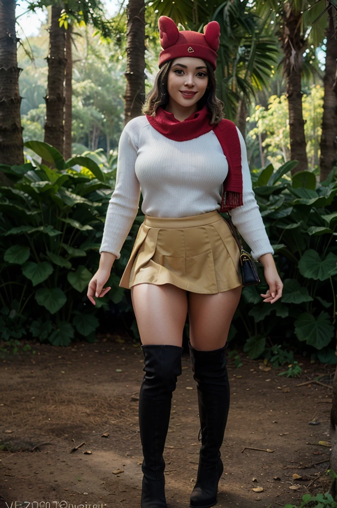 (8k, best quality, masterpiece:1.2), (realistic, photo-realistic:1.37), ultra-detailed, 1 girl,cute, solo, ,beautiful detailed blue eyes, medium wavy hair, red sweater, yellow scarf, black thighhigh boots , thick thighs, standing in a jungle, , smiling, looking at viewer, ,light brown hair, black lips, black lipstick, full body view, standing, whole body shot, feet, barefoot, red hat, skinny
